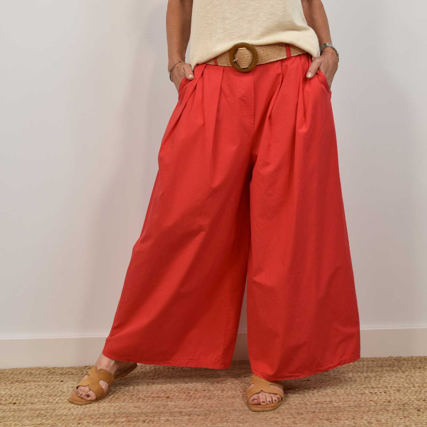 Red palazzo belt pants