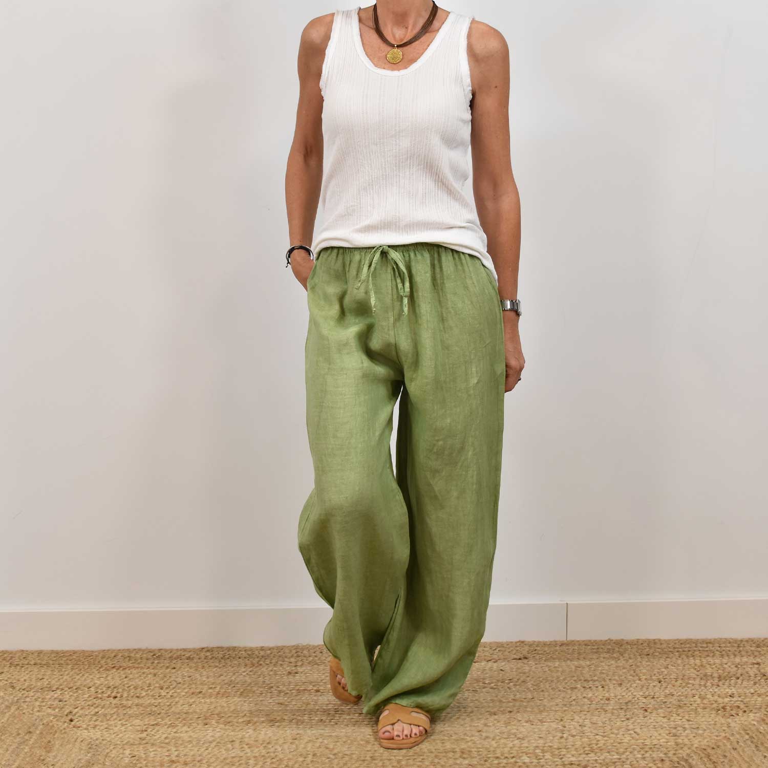 Green Straight linen pants