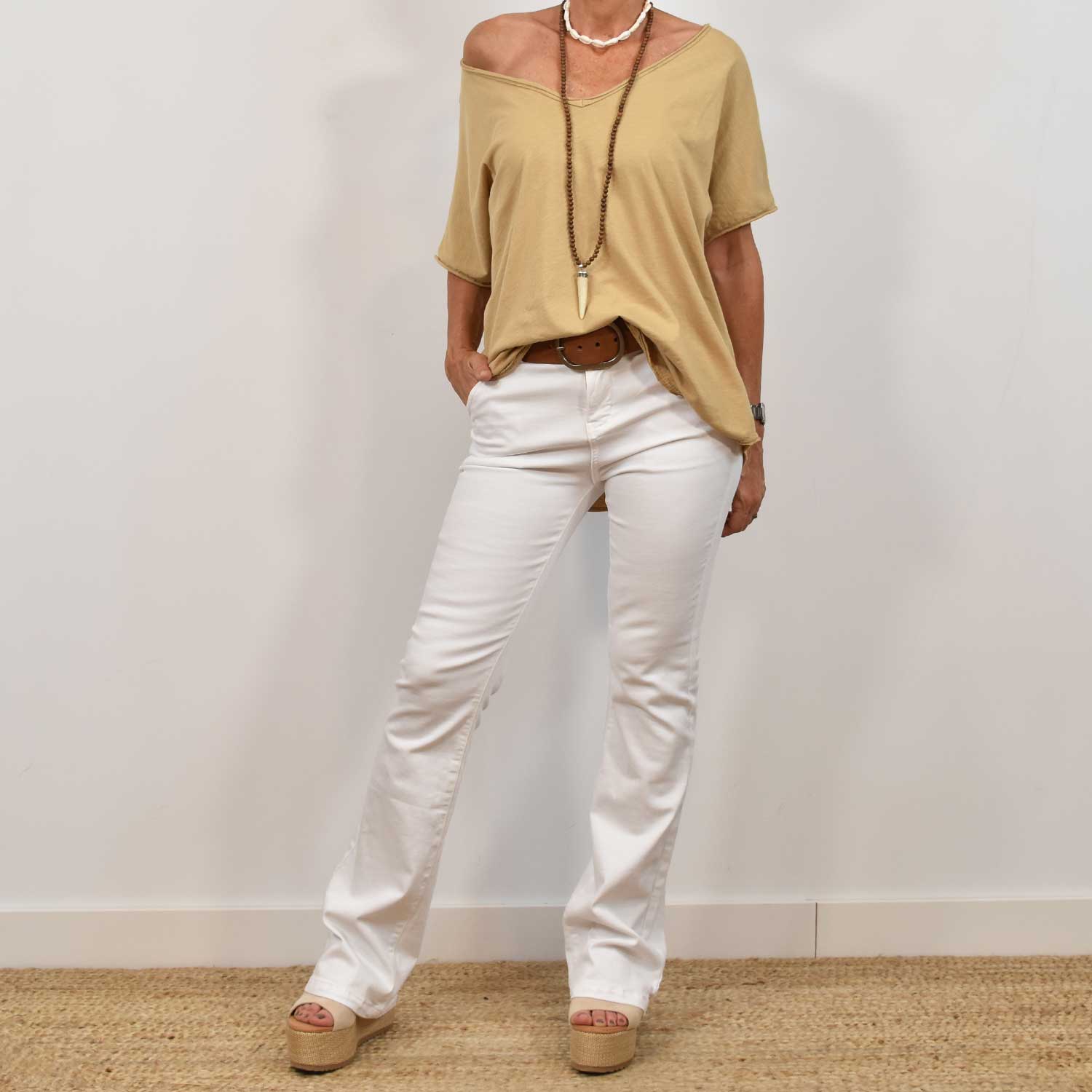 Camel v-neck fringes t-shirt