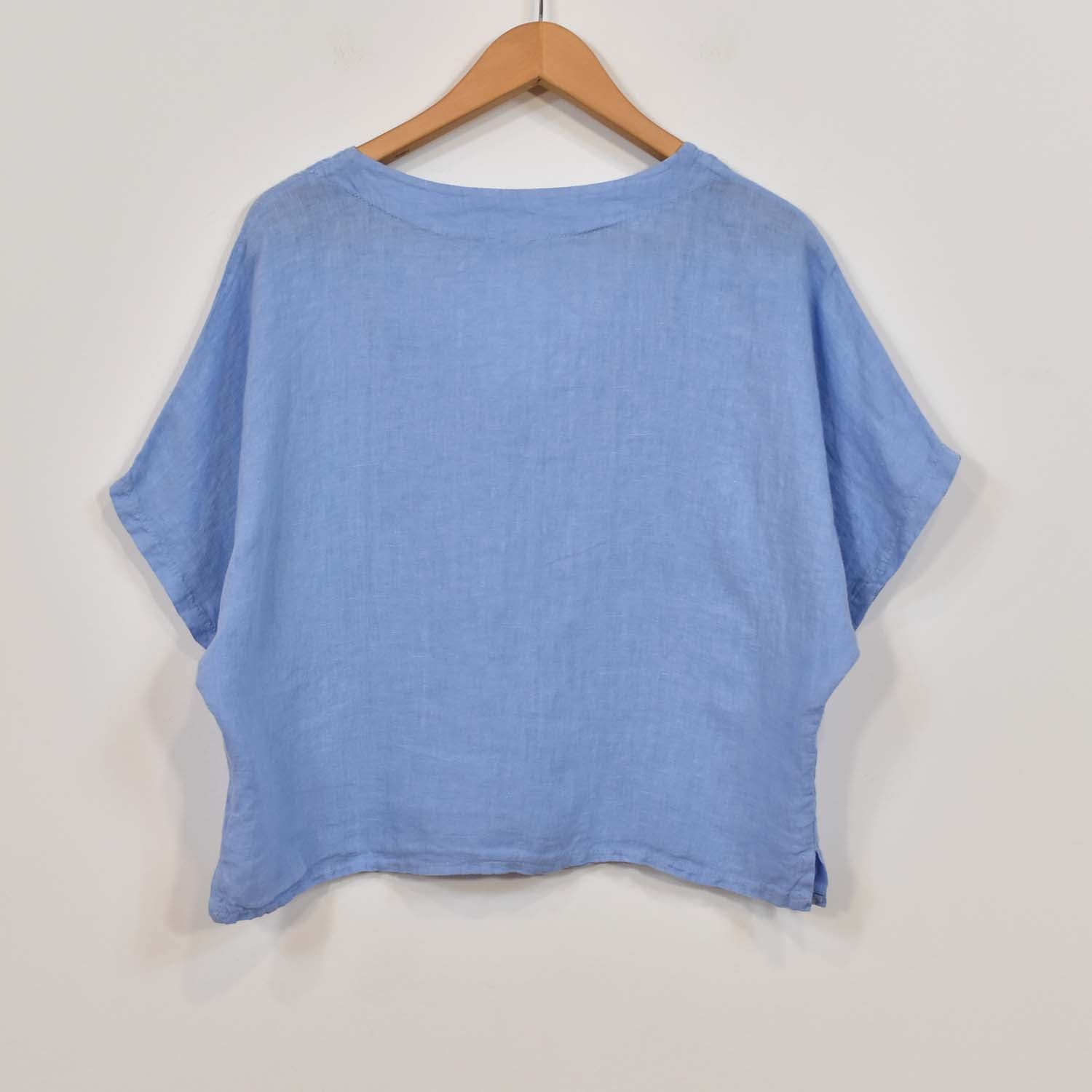 Blue V-neck linen blouse