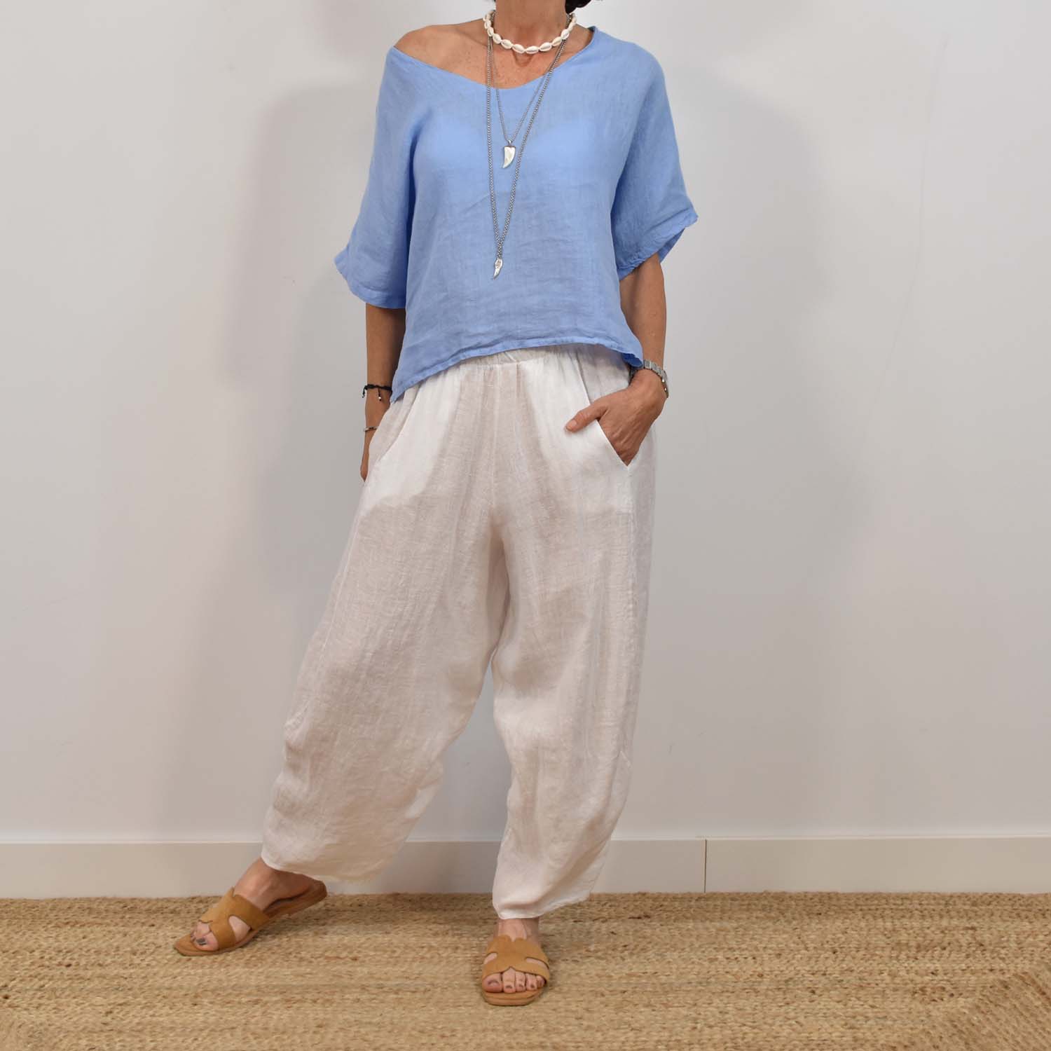 Blue V-neck linen blouse