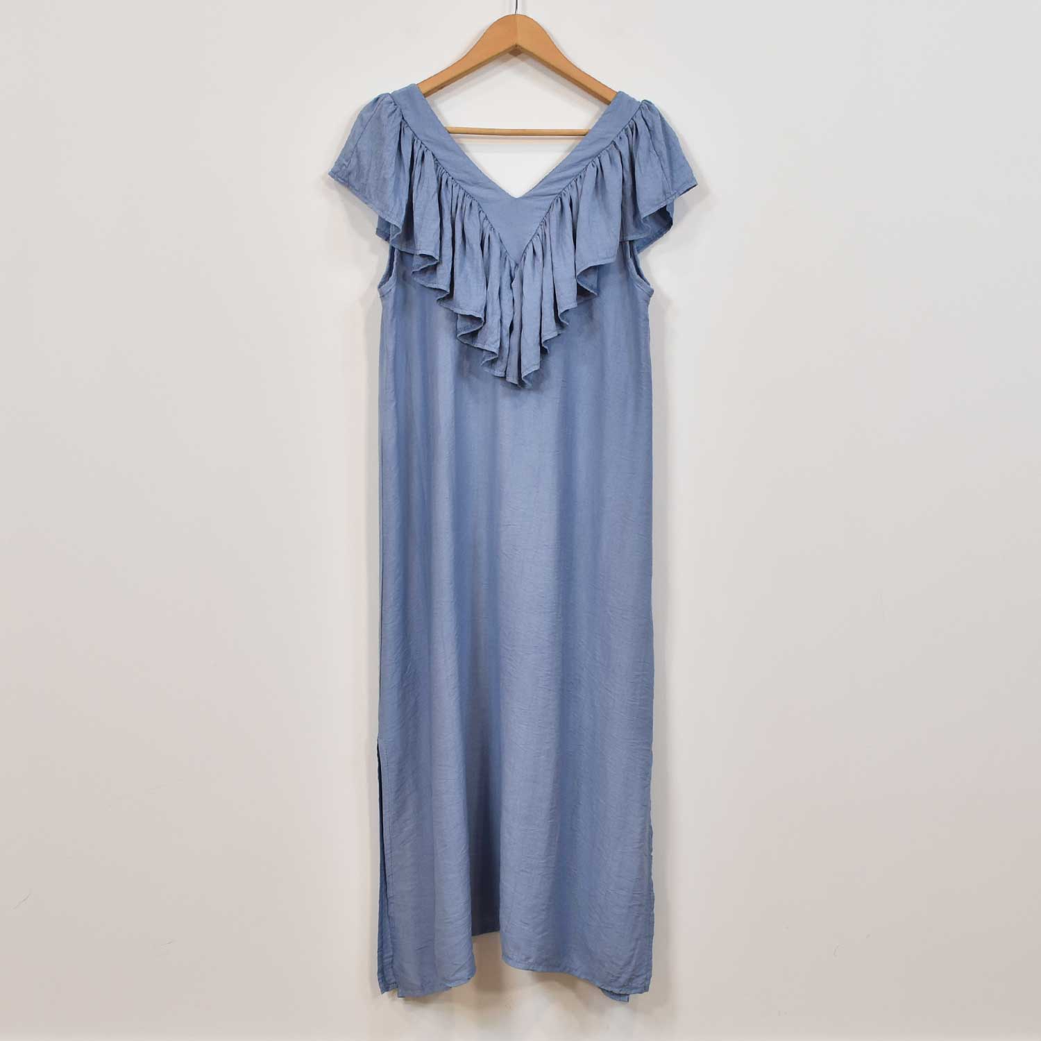 Blue ruffle neck dress