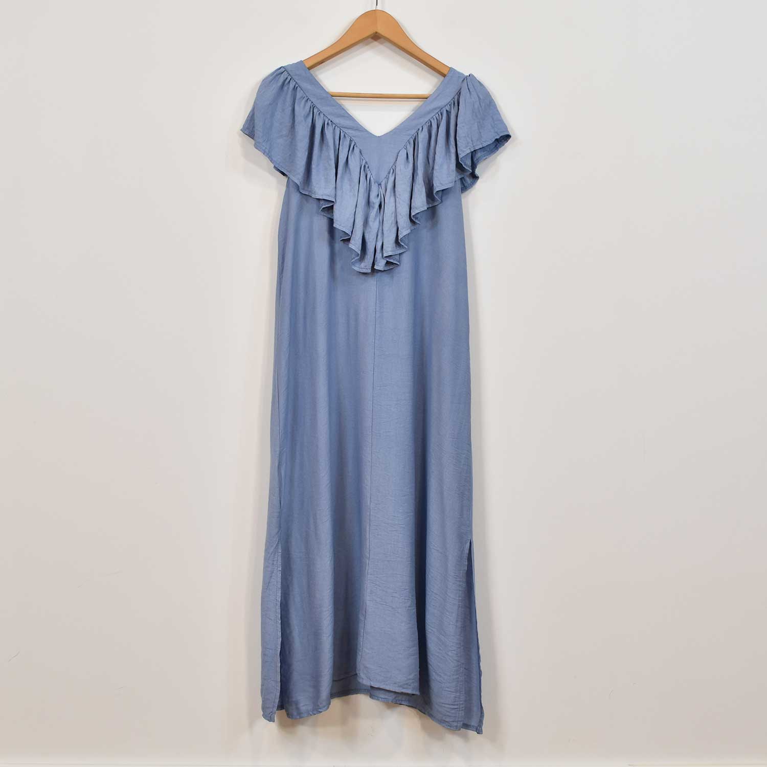 Blue ruffle neck dress