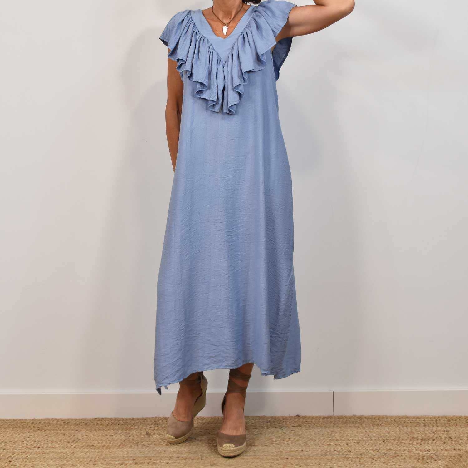 Blue ruffle neck dress