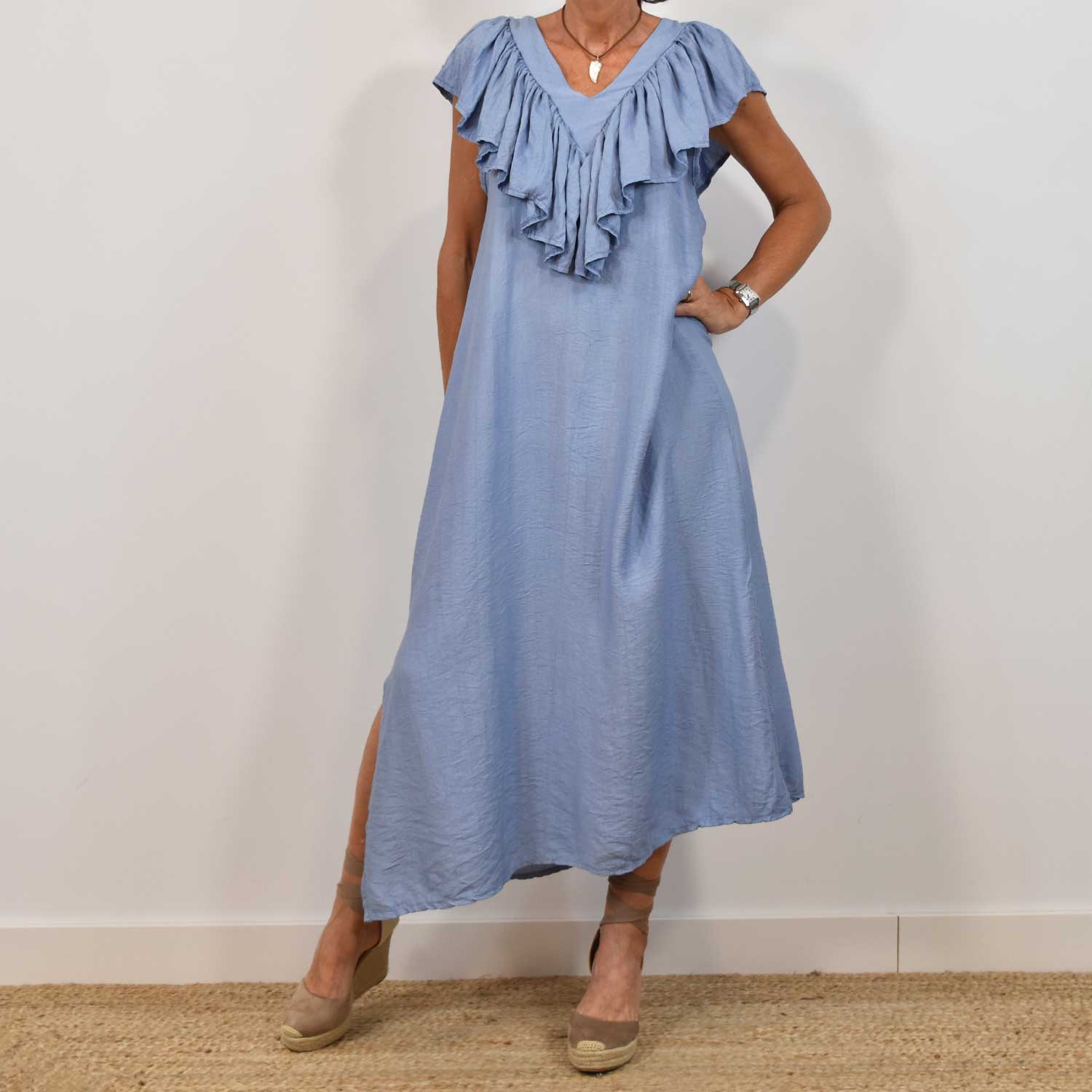 Blue ruffle neck dress