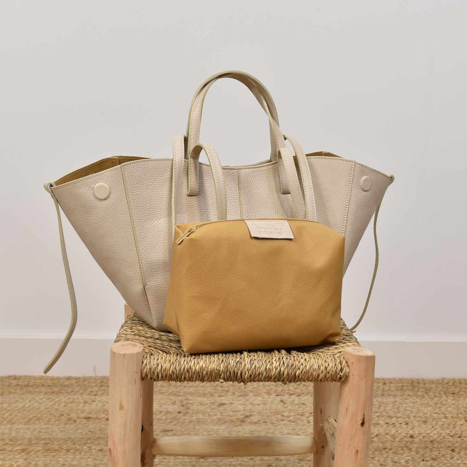 Beige leather tote bag