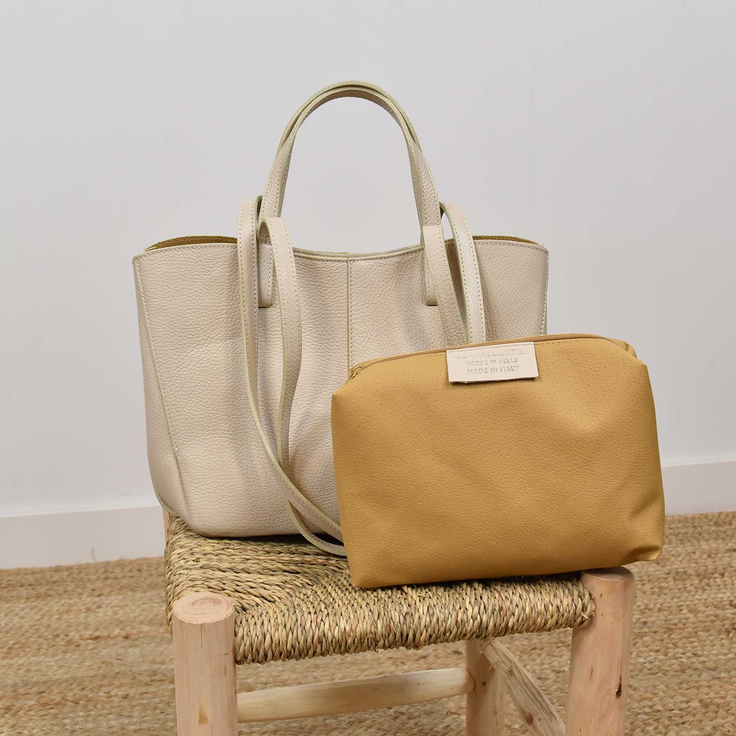 Beige leather tote bag