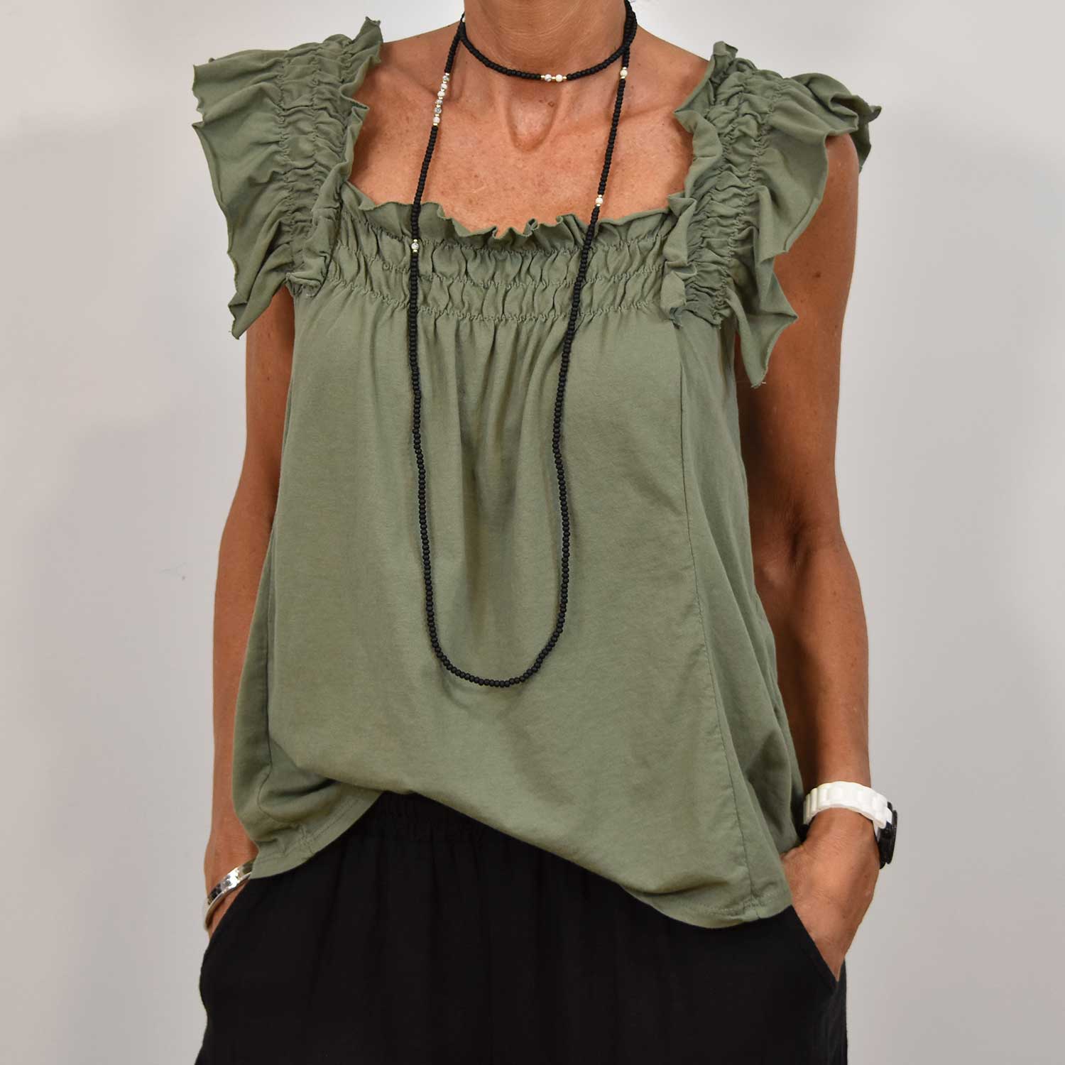 Kaki ruffled t-shirt