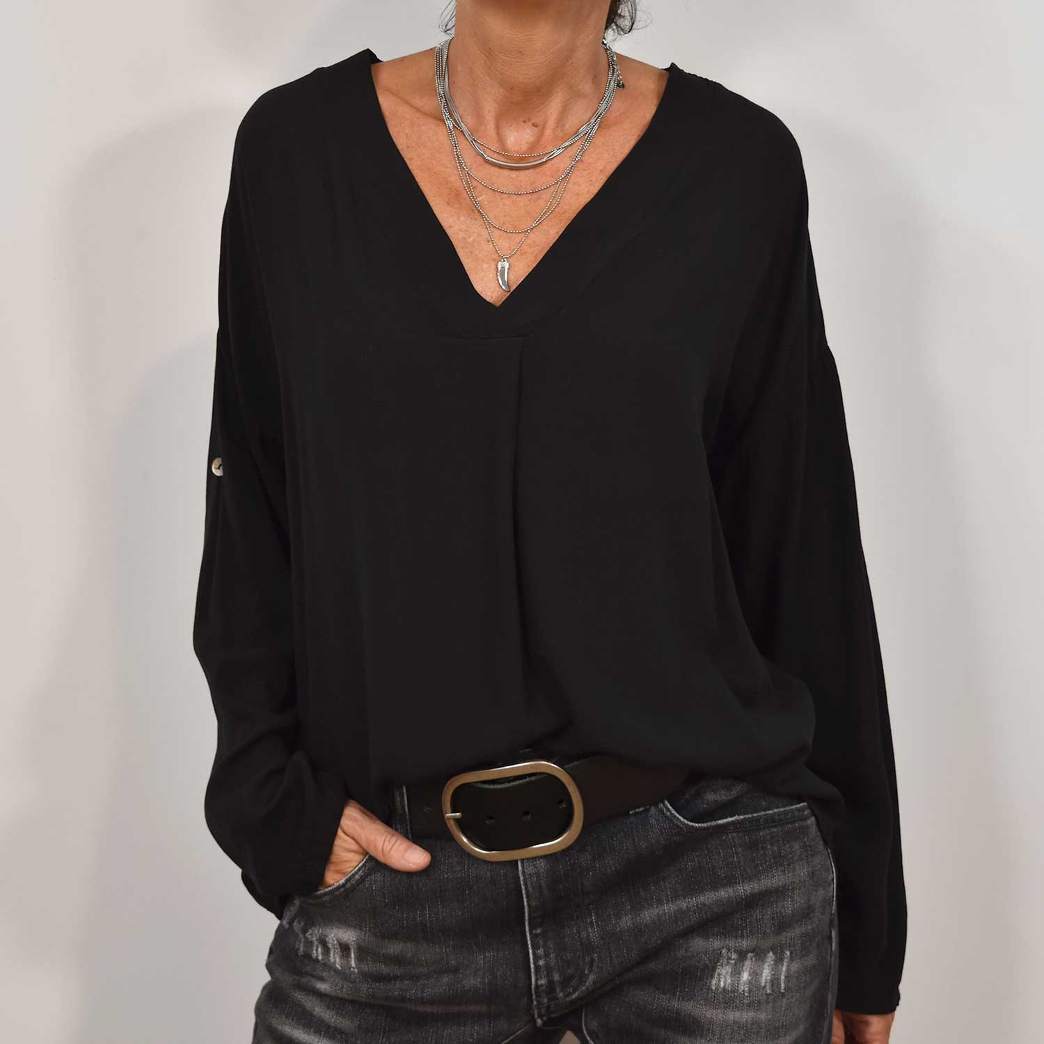 Blouse col en V oversize noir