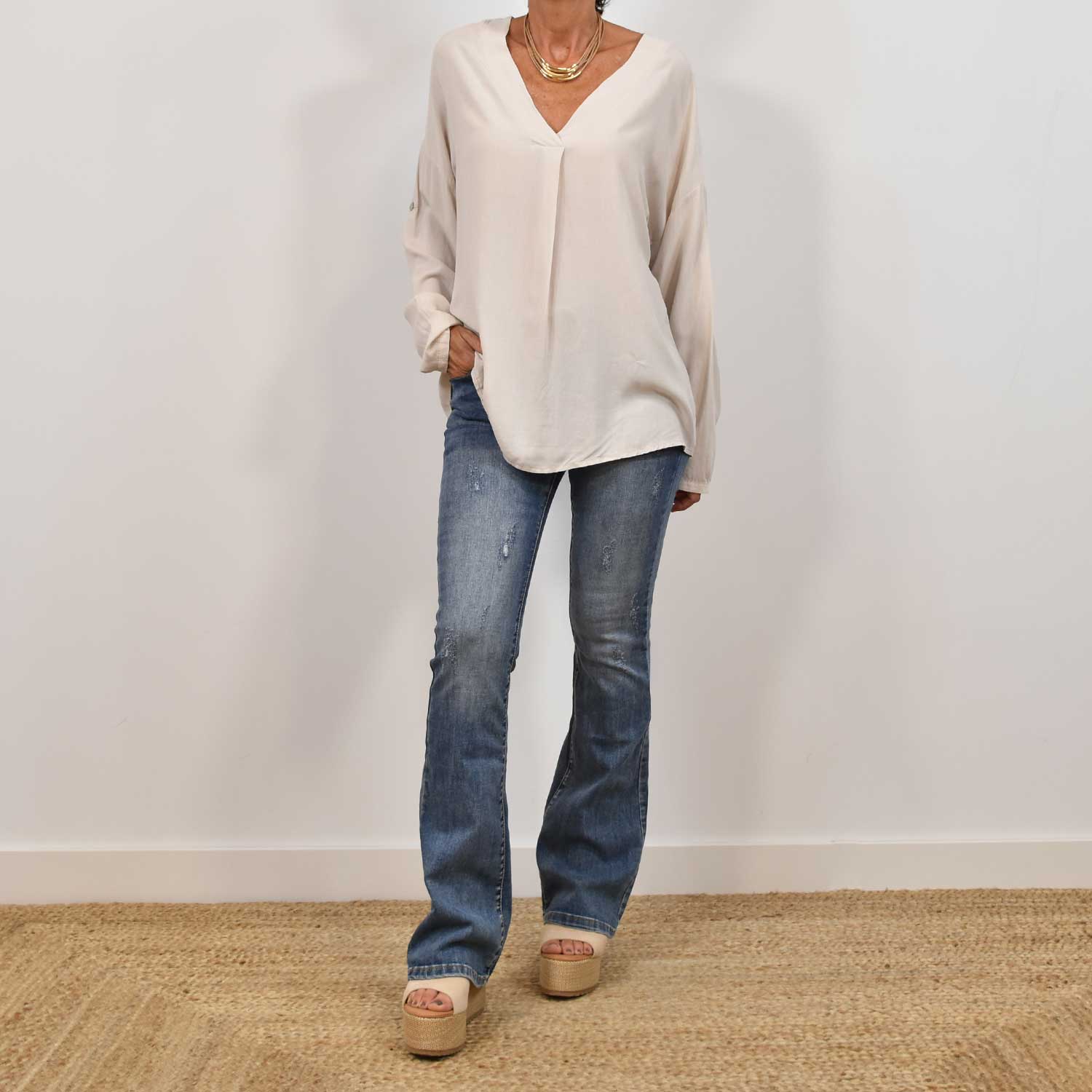 Beige oversize V-neck blouse