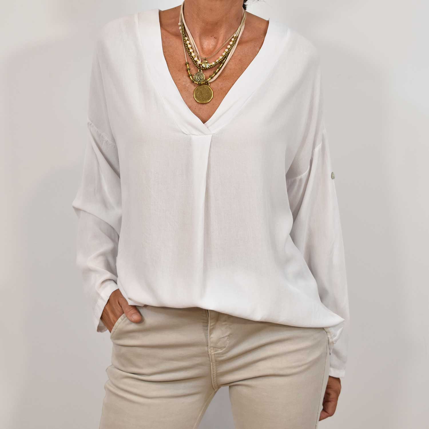 Blouse col en V oversize blanc