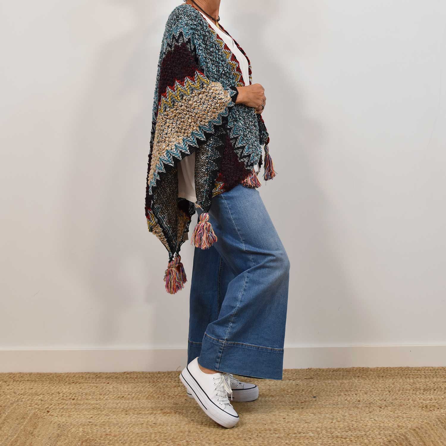 Blue fringed poncho