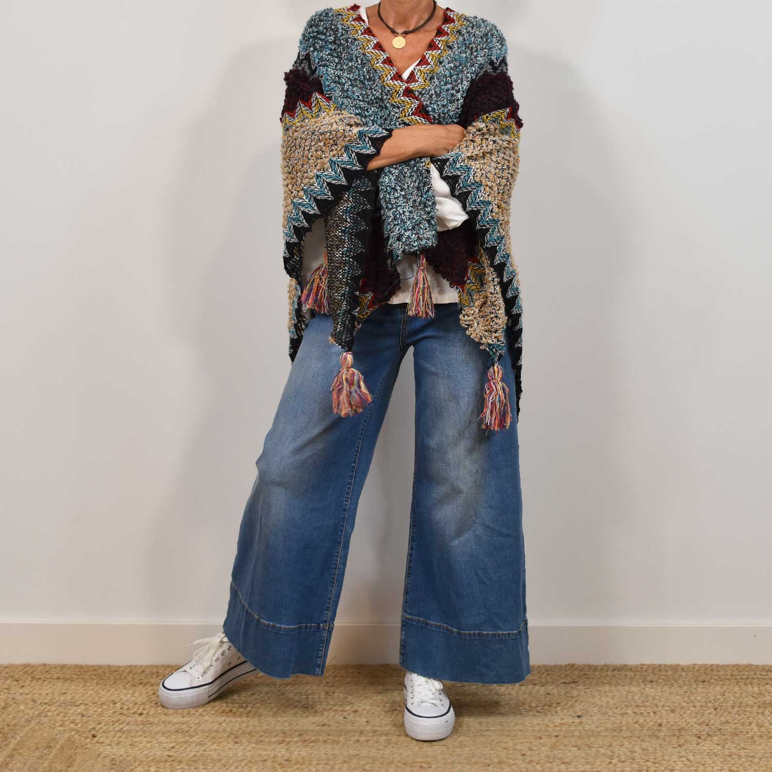 Blue fringed poncho