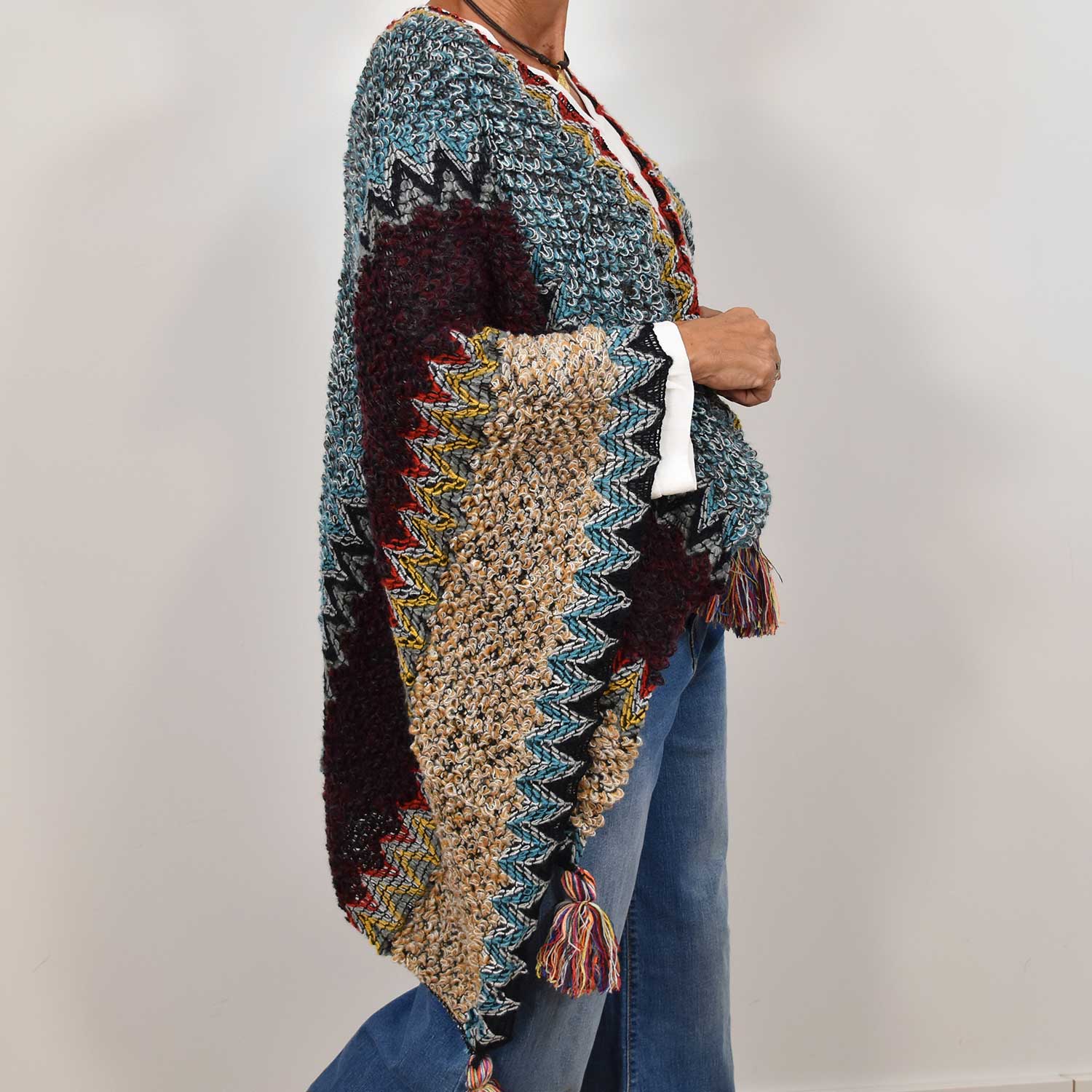 Blue fringed poncho