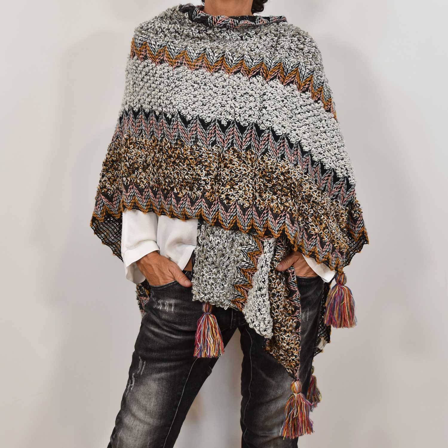 Grey fringed poncho