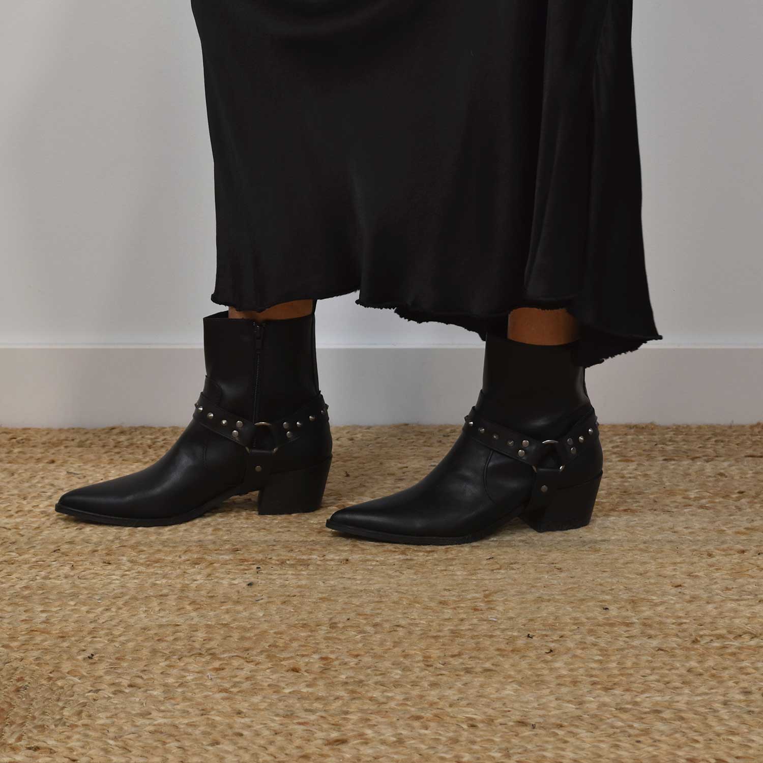 Black flat cowboy ankle boot