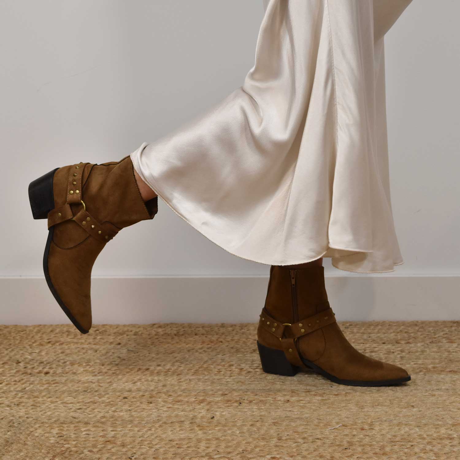 Brown flat cowboy ankle boot