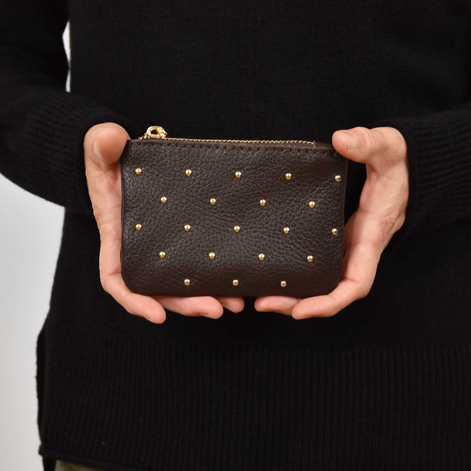 Brown studs zipper purse