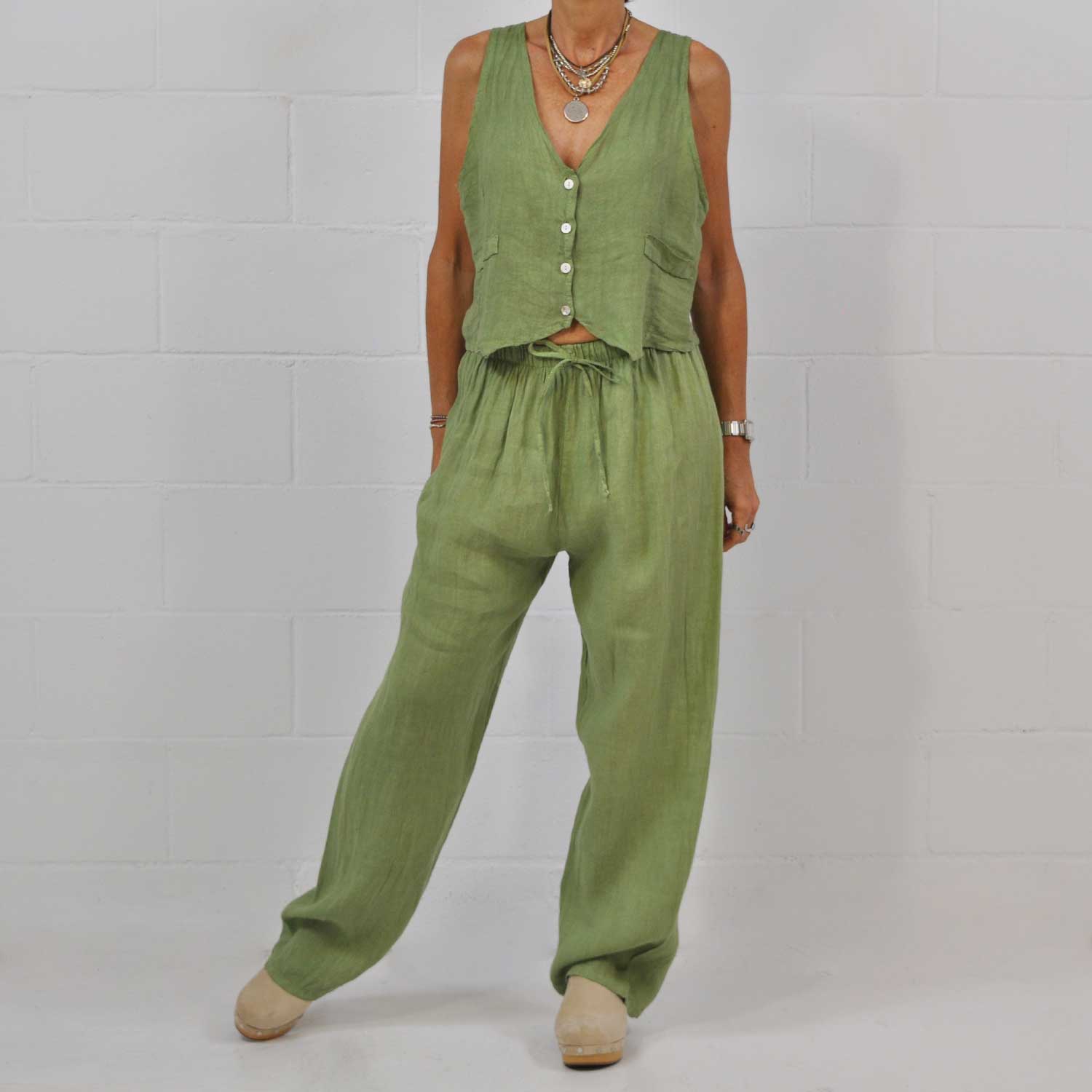 Pantalon large lin vert