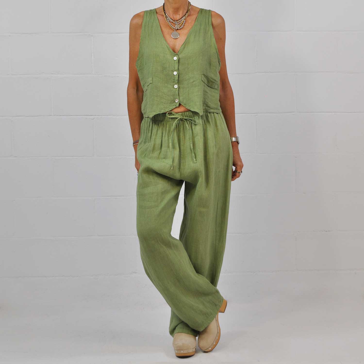 Green wide linen pants