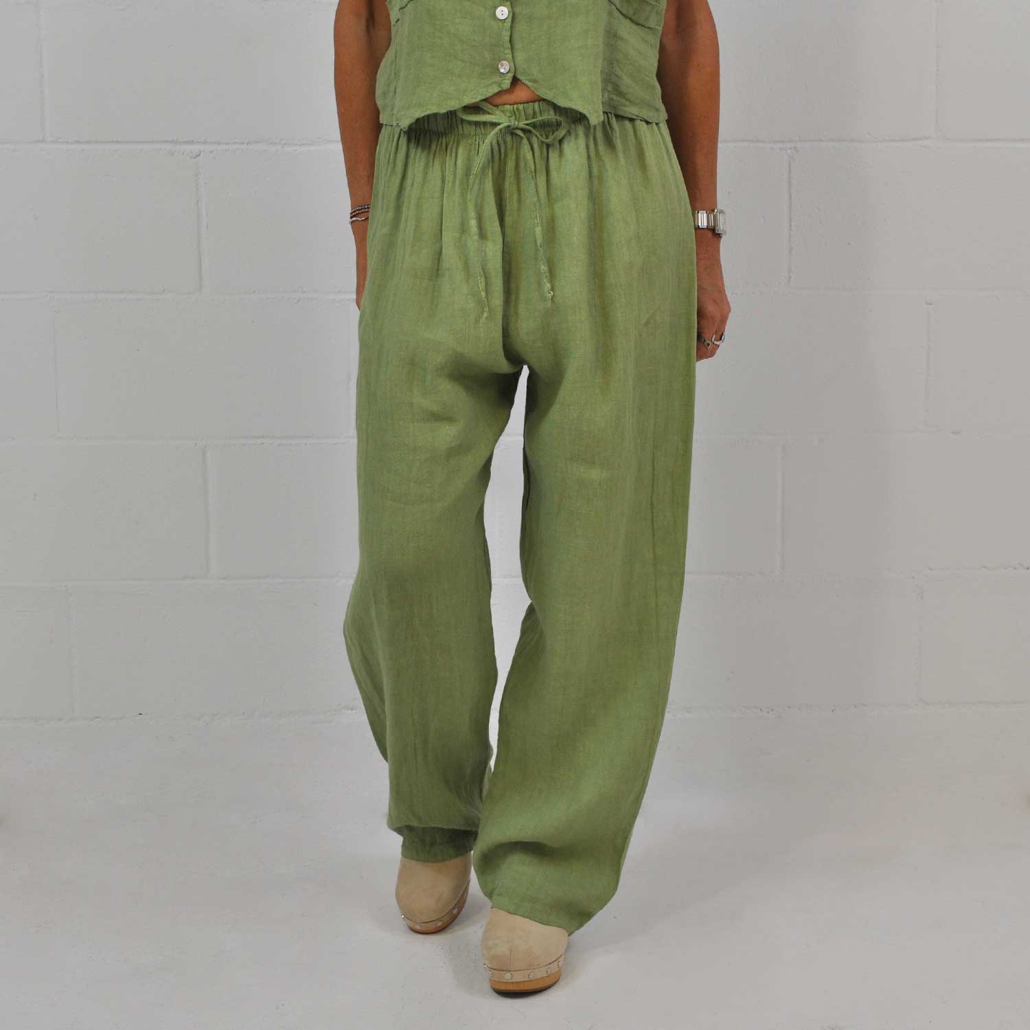 Pantalon large lin vert