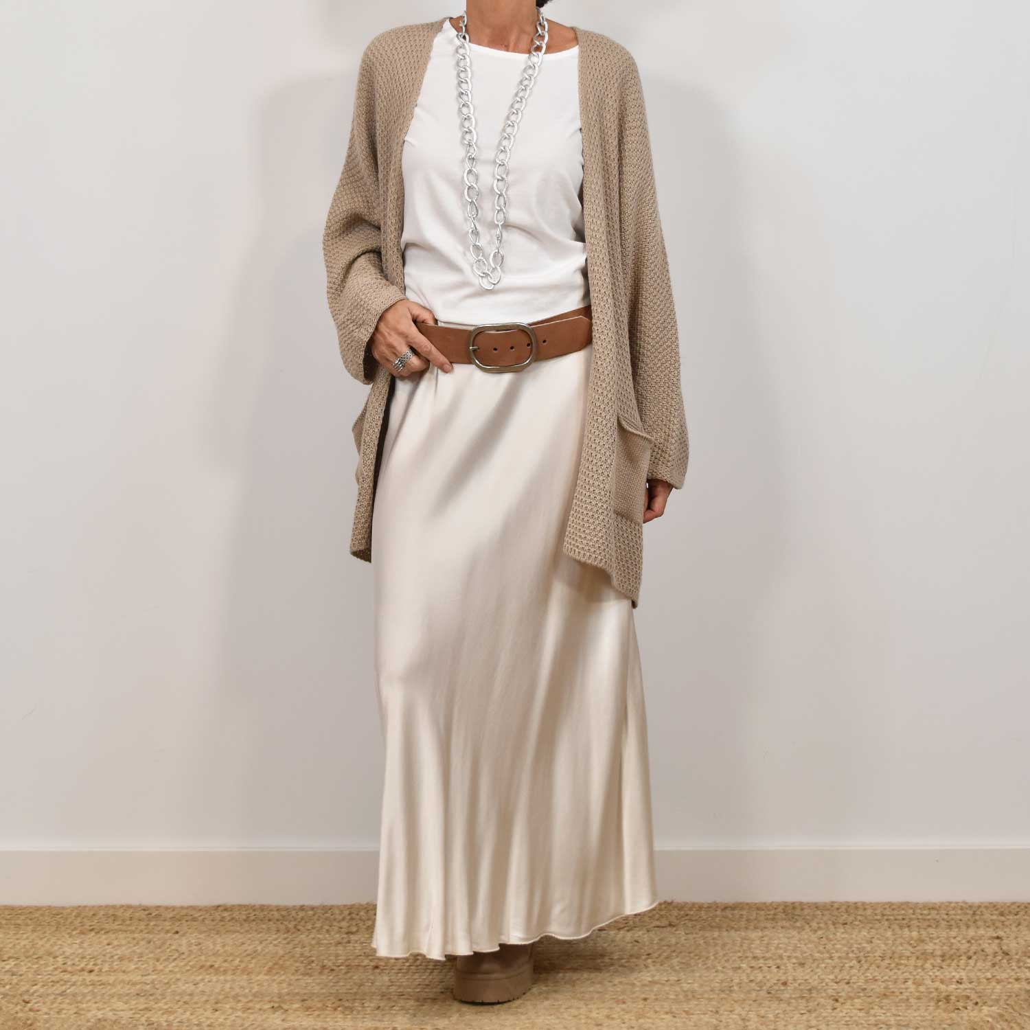 Beige satin midi skirt