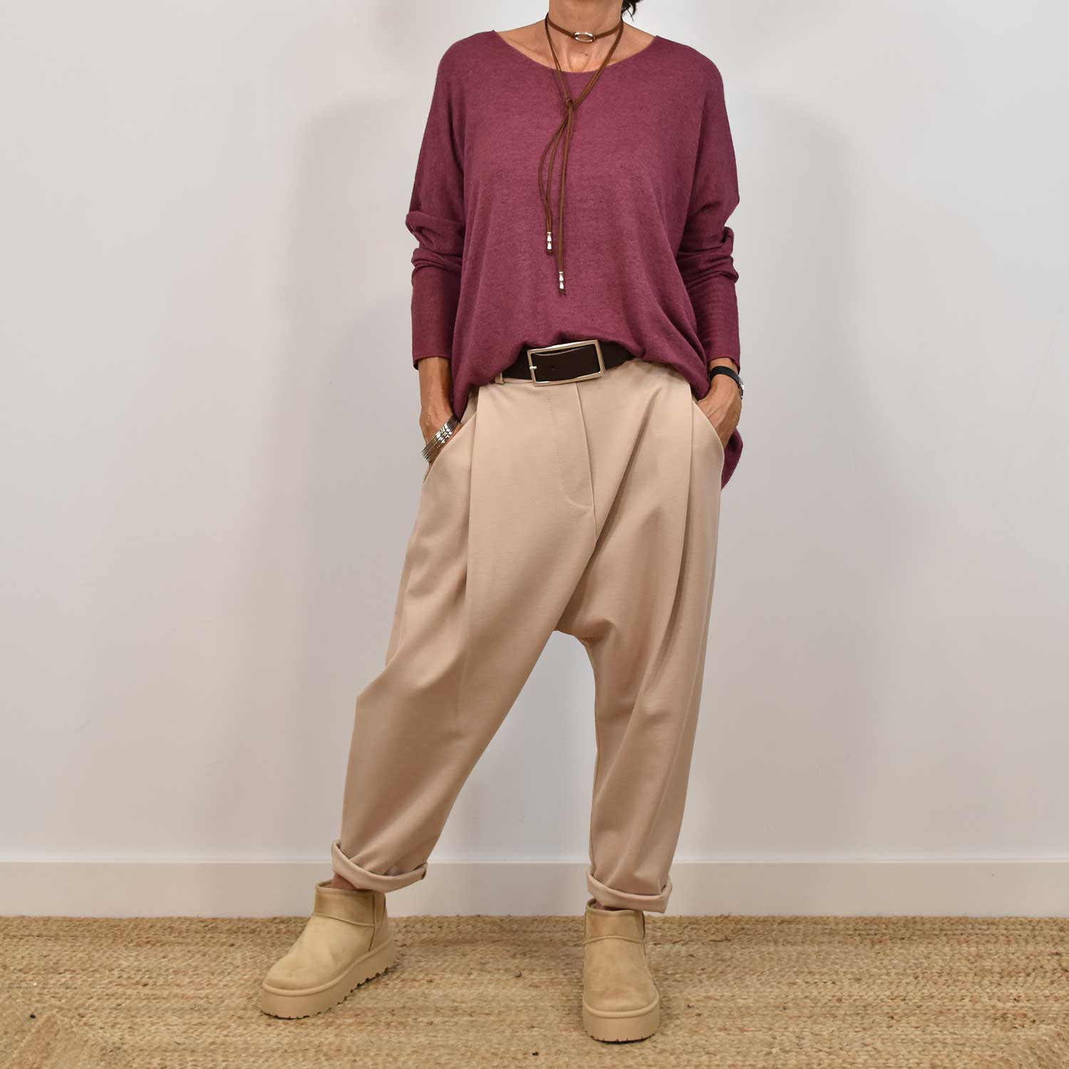 Pantalón harem elástico beige