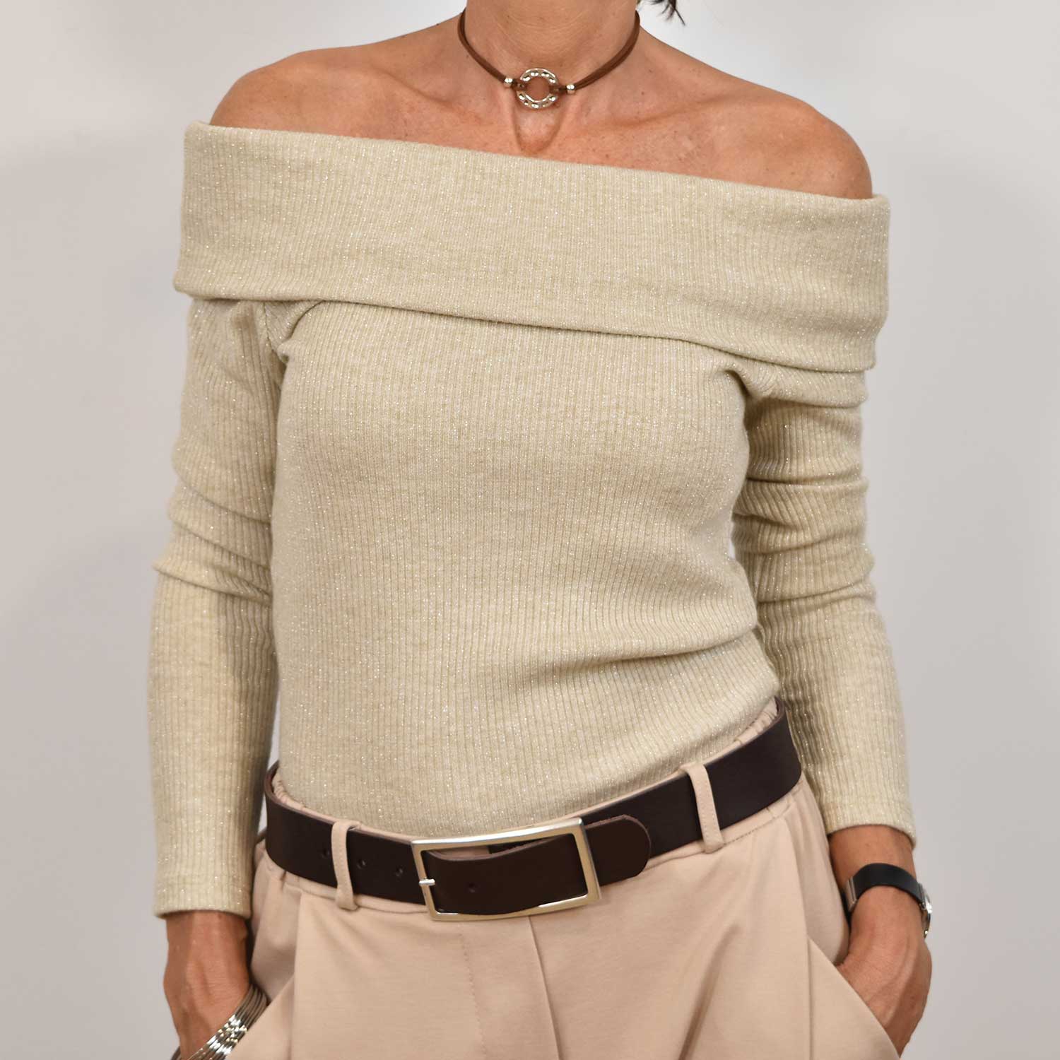 Beige shiny shoulders sweater