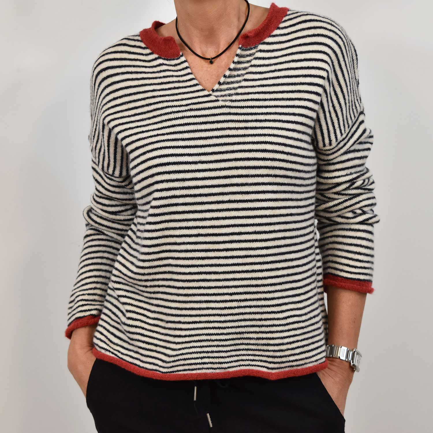 White striped peak sweater