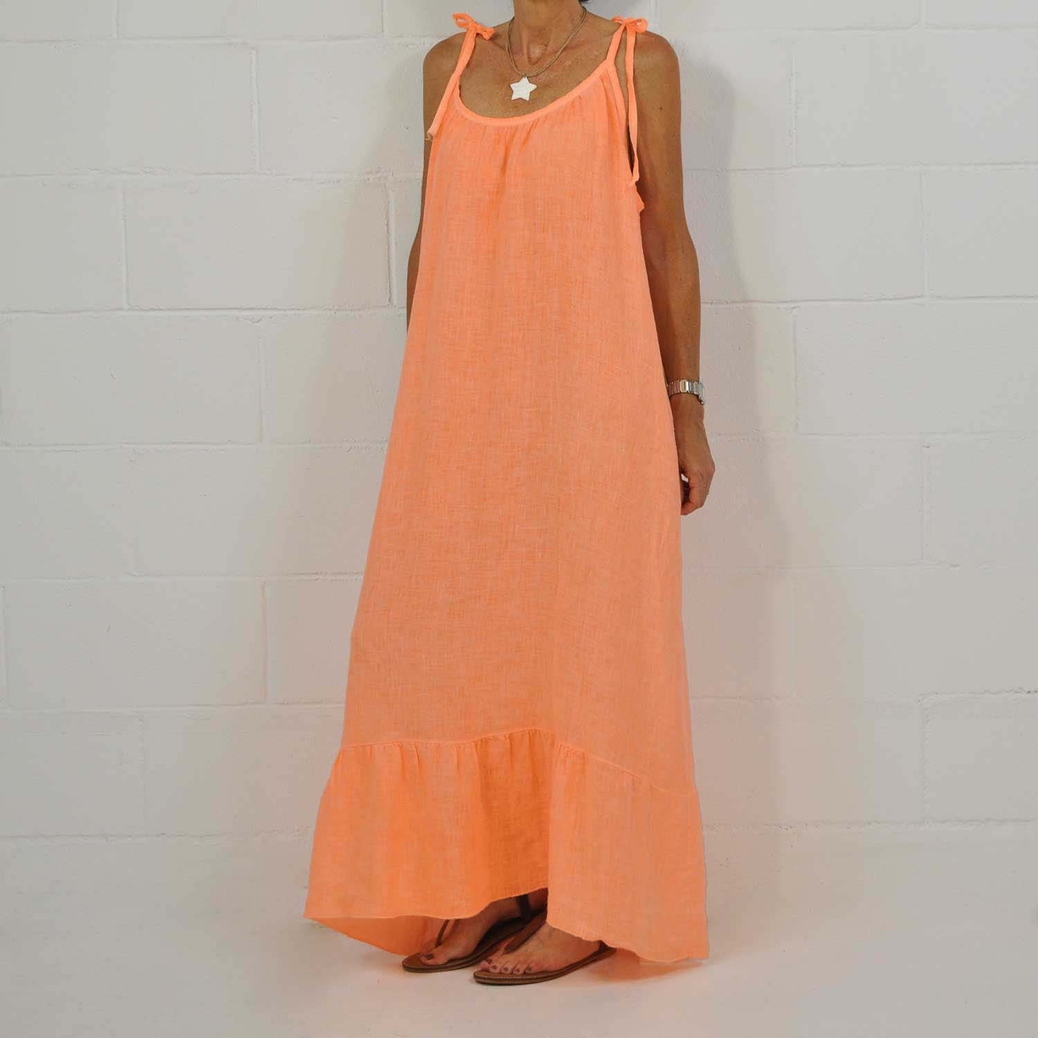 Orange fluor ruffle linen dress