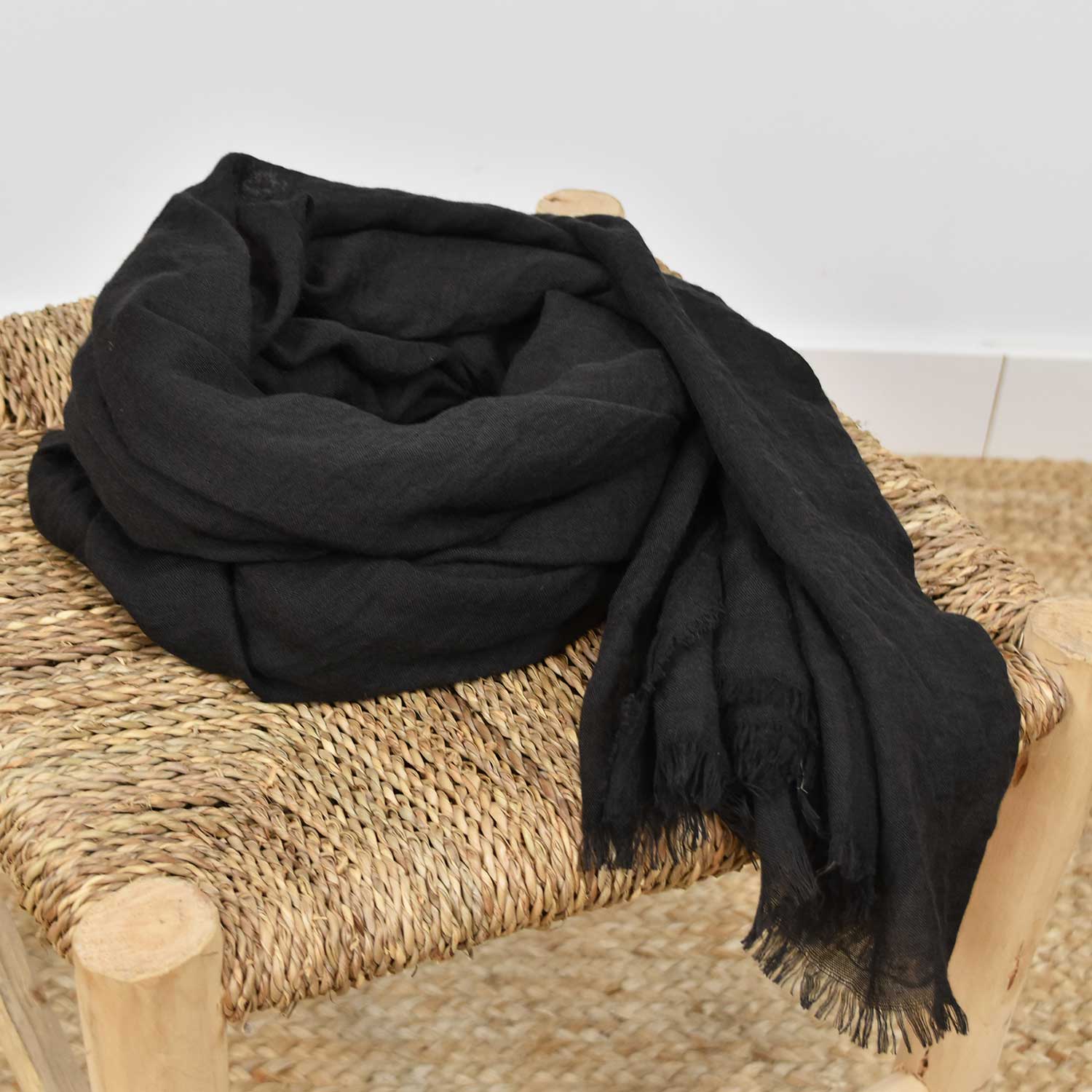 Black Plain frayed scarf