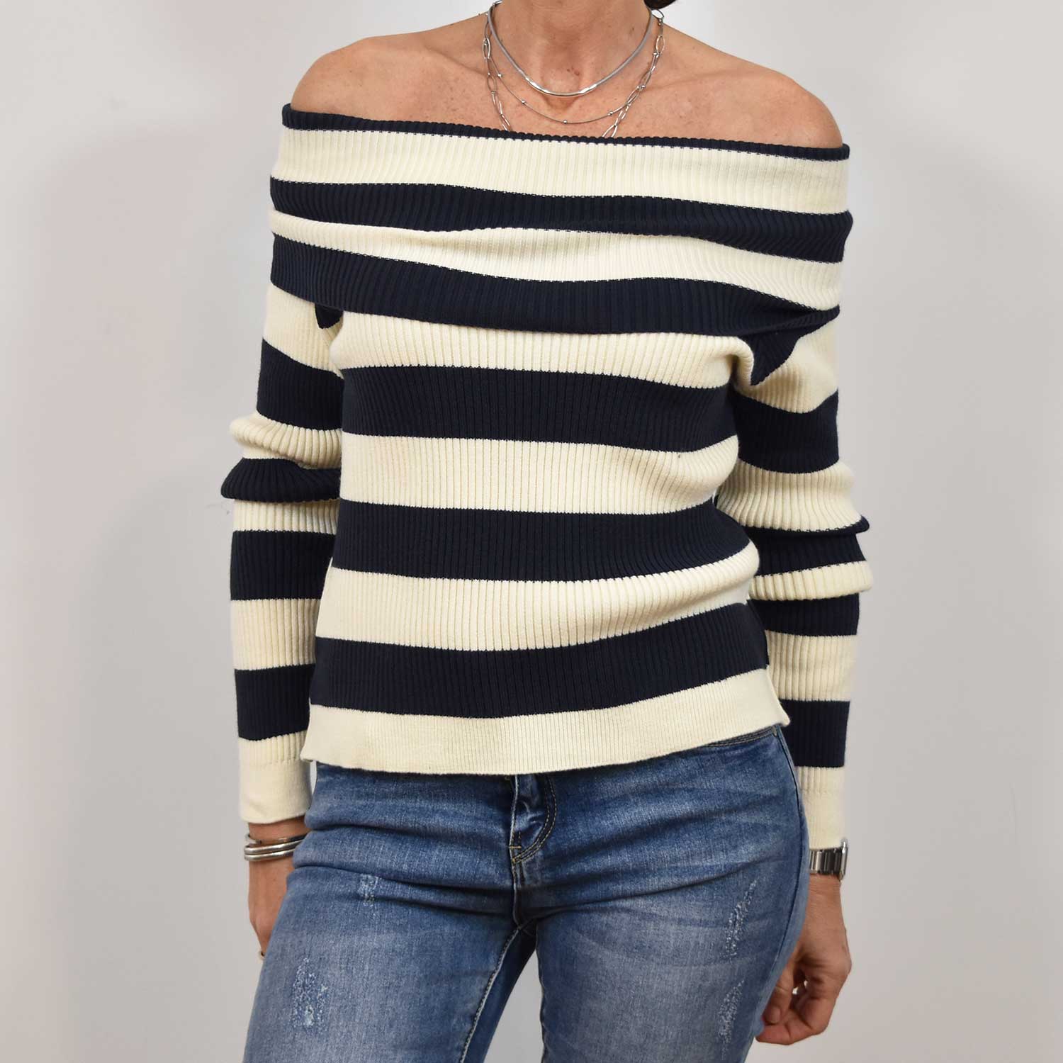 Blue off shoulders stripped sweater