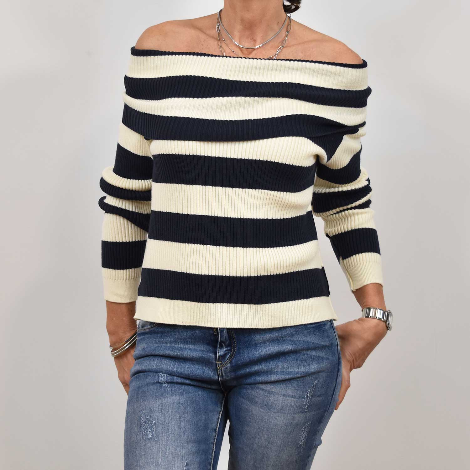 Blue off shoulders stripped sweater