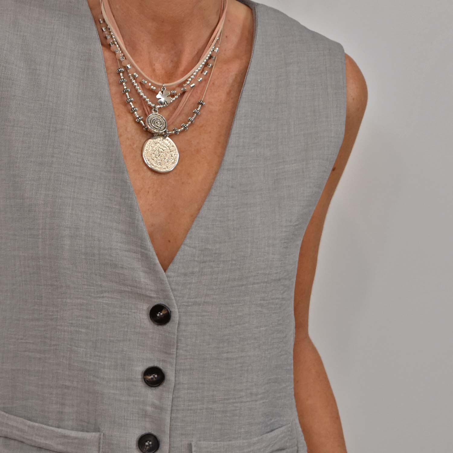 Silvery and pink layered necklace