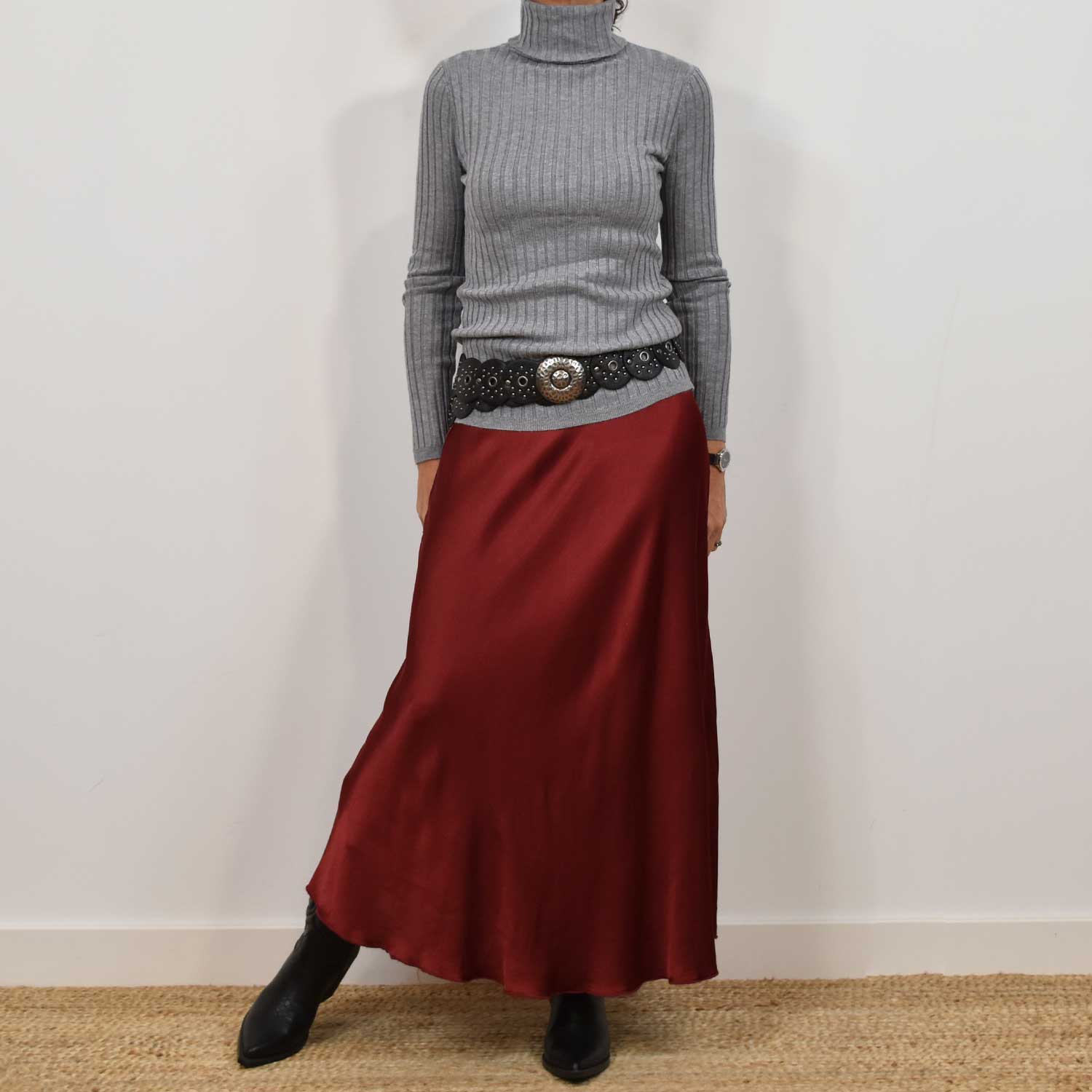 Burgundy satin midi skirt