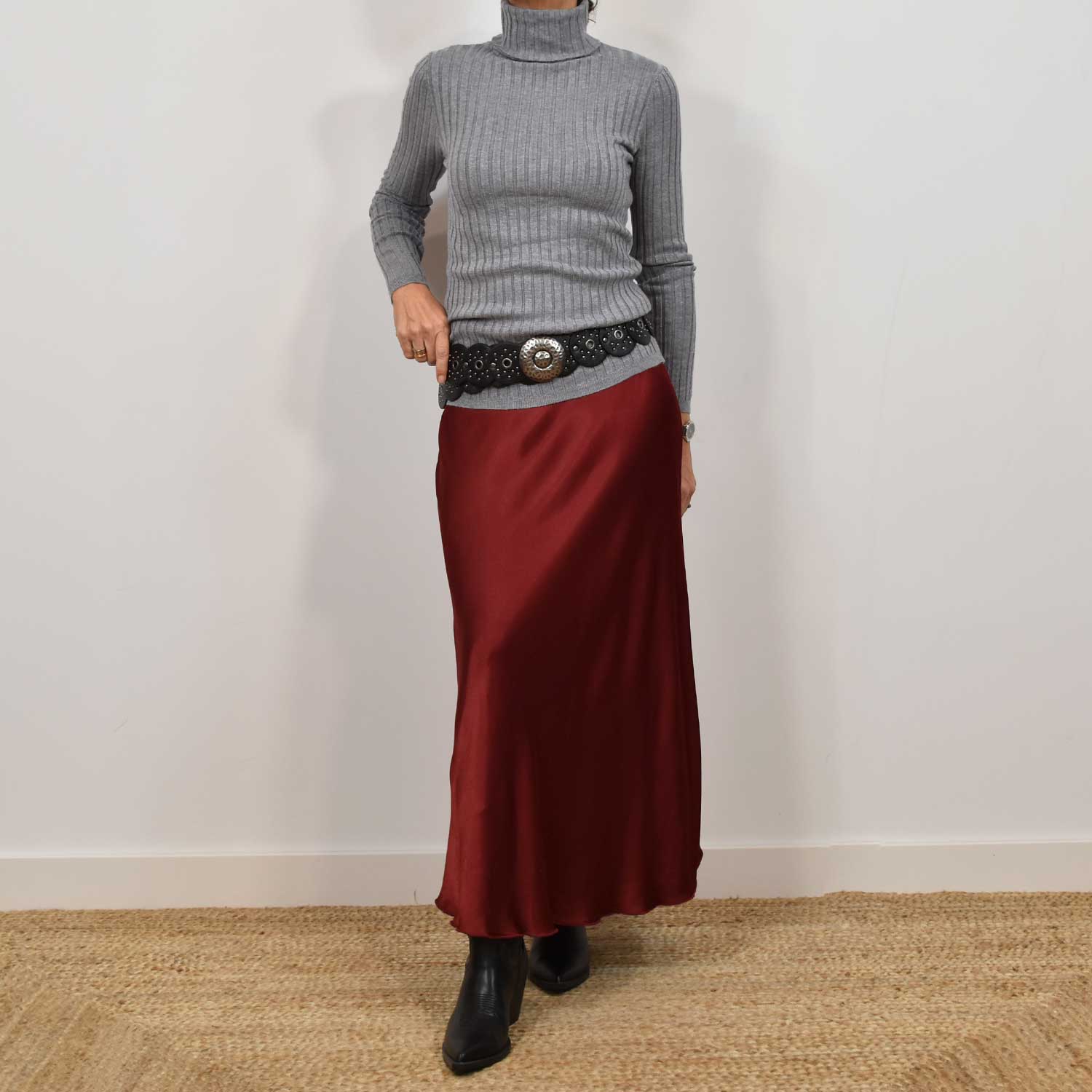 Burgundy satin midi skirt