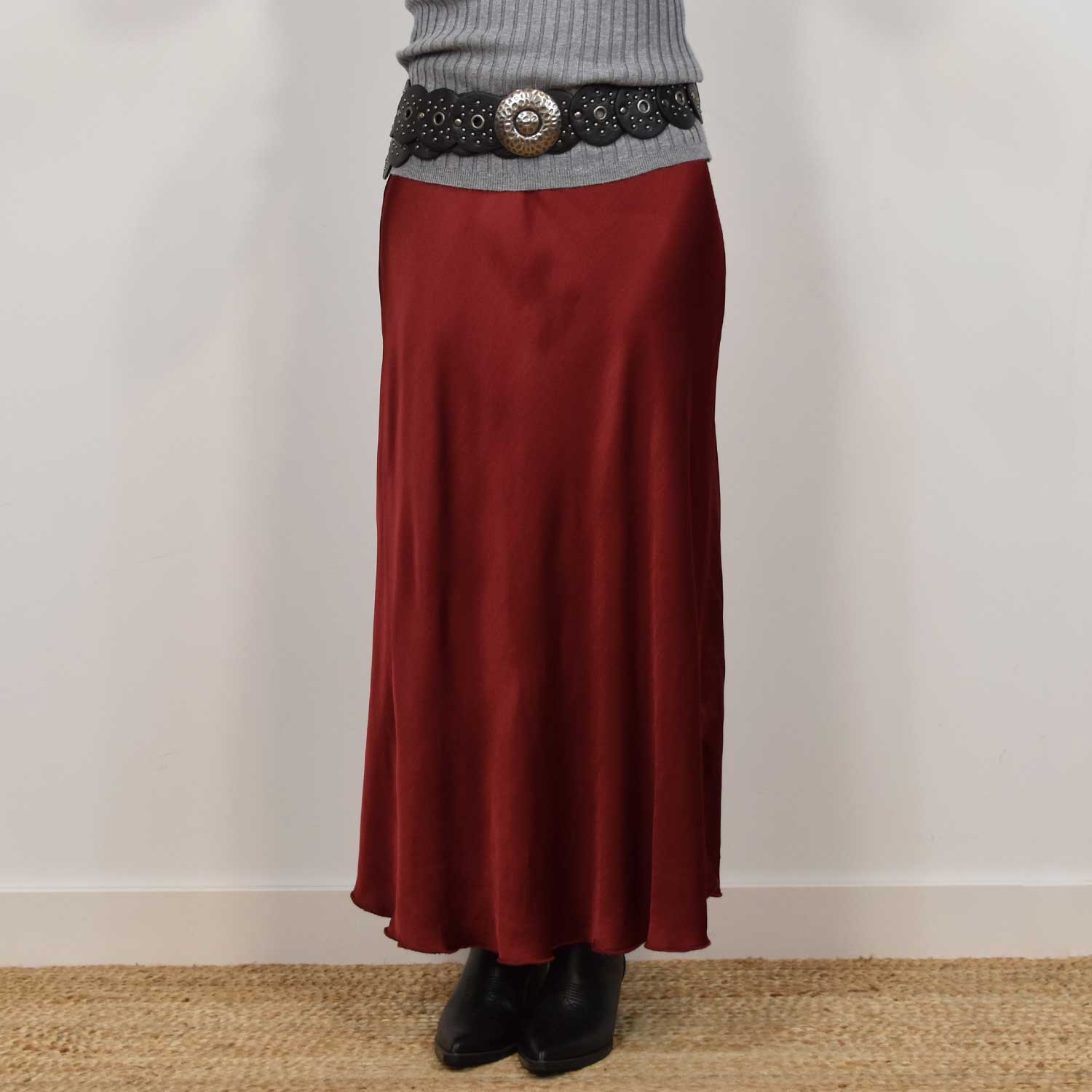 Burgundy satin midi skirt