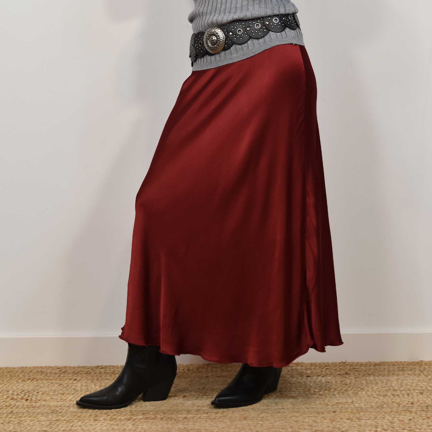 Burgundy satin midi skirt