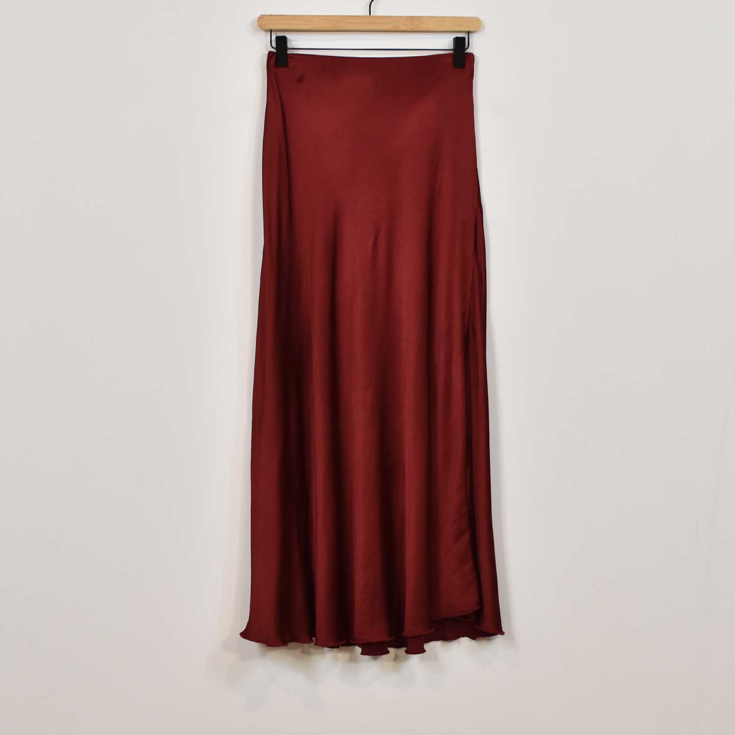 Burgundy satin midi skirt