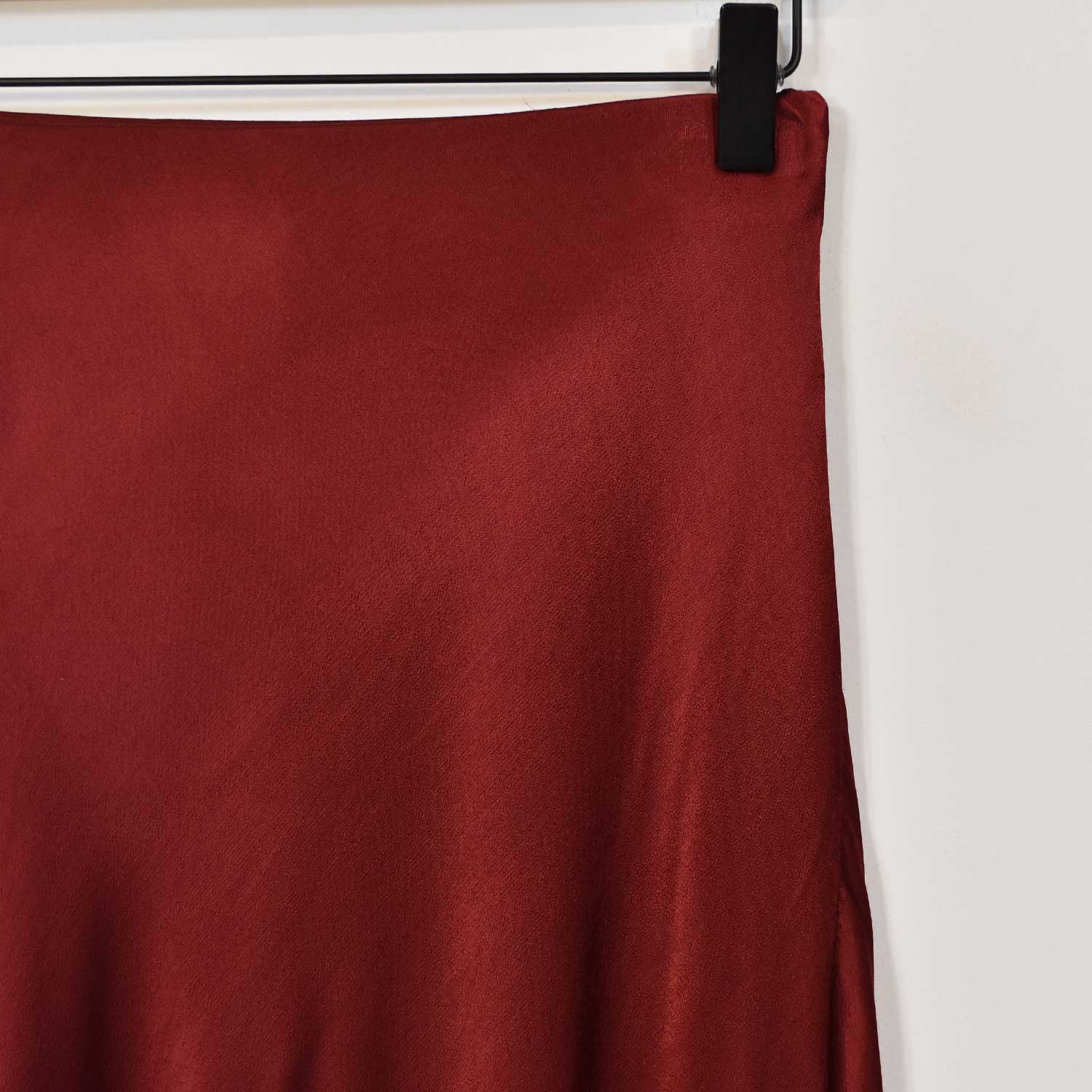 Burgundy satin midi skirt