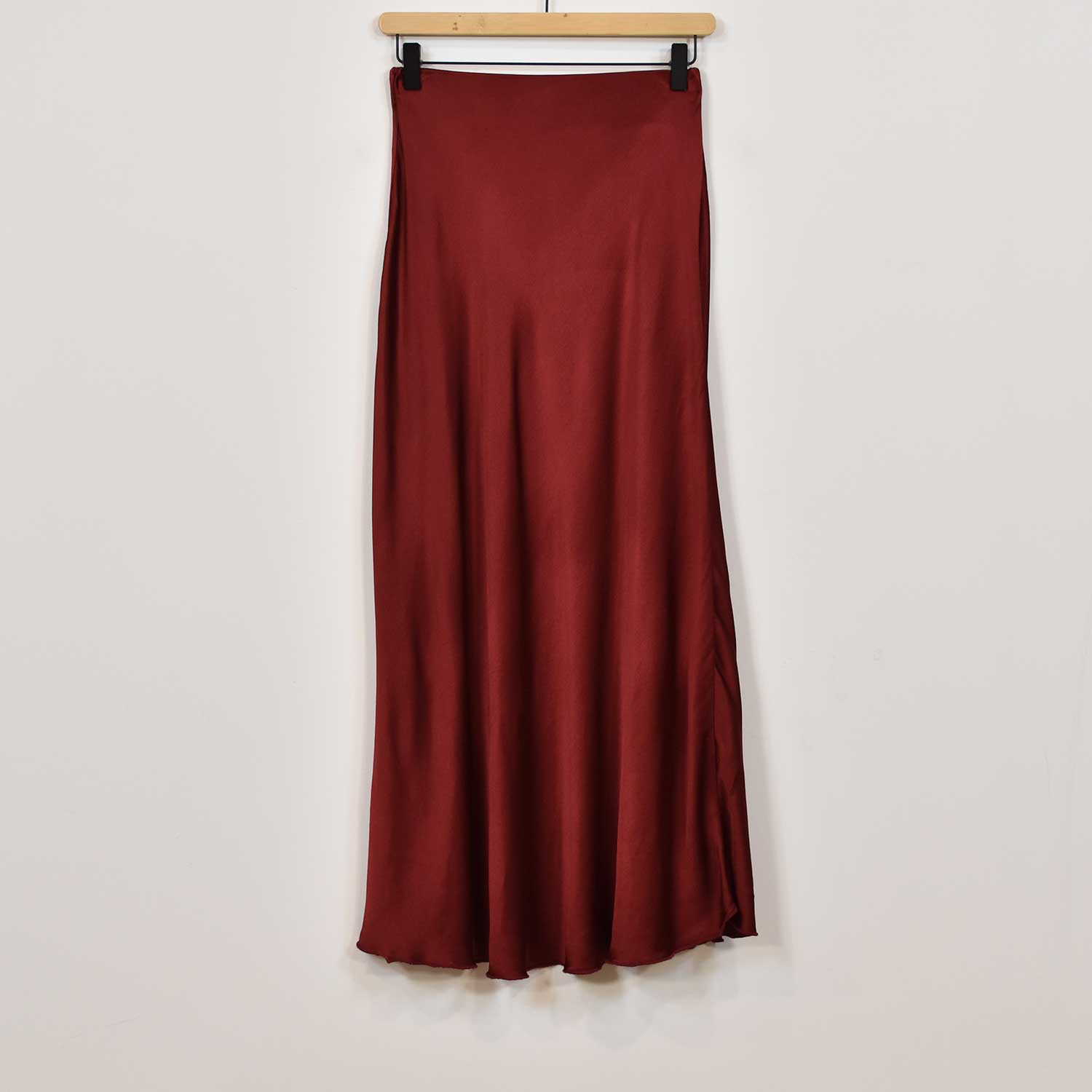 Burgundy satin midi skirt