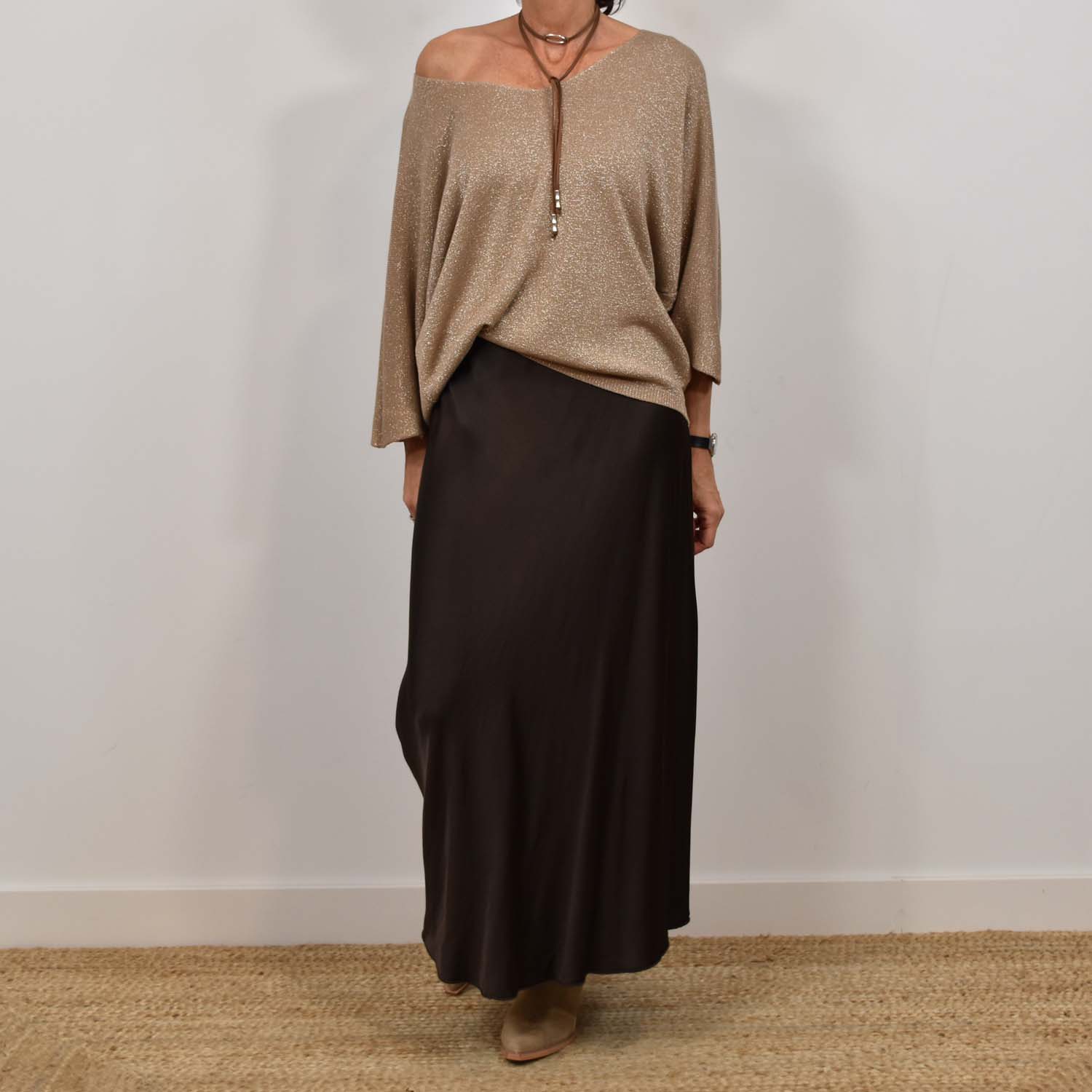 Brown satin midi skirt