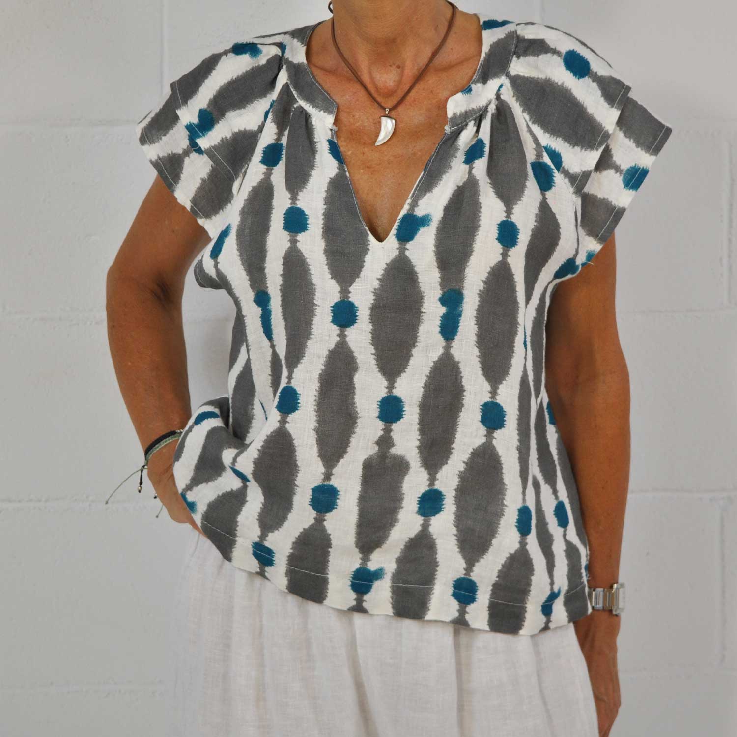 Grey printed linen blouse