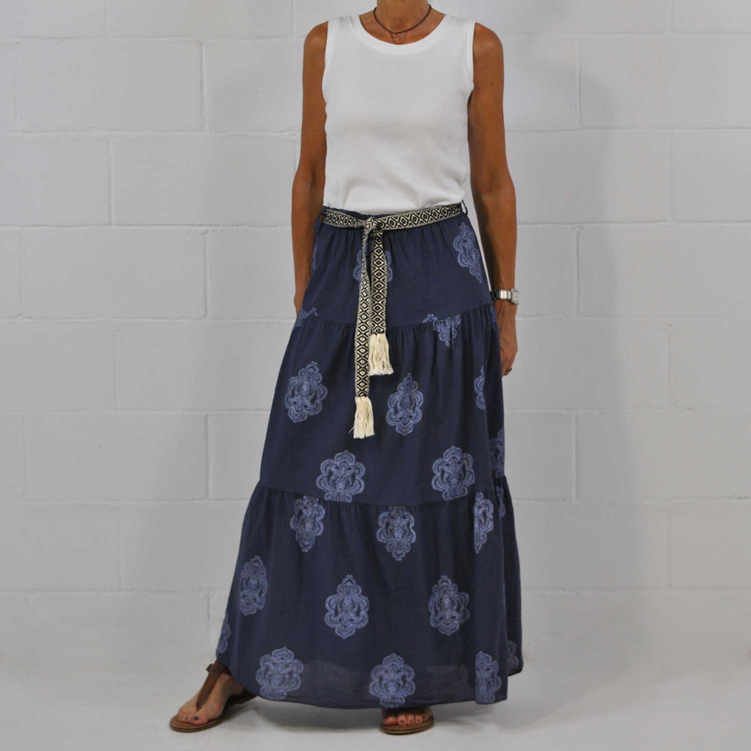 Blue printed belt skirt