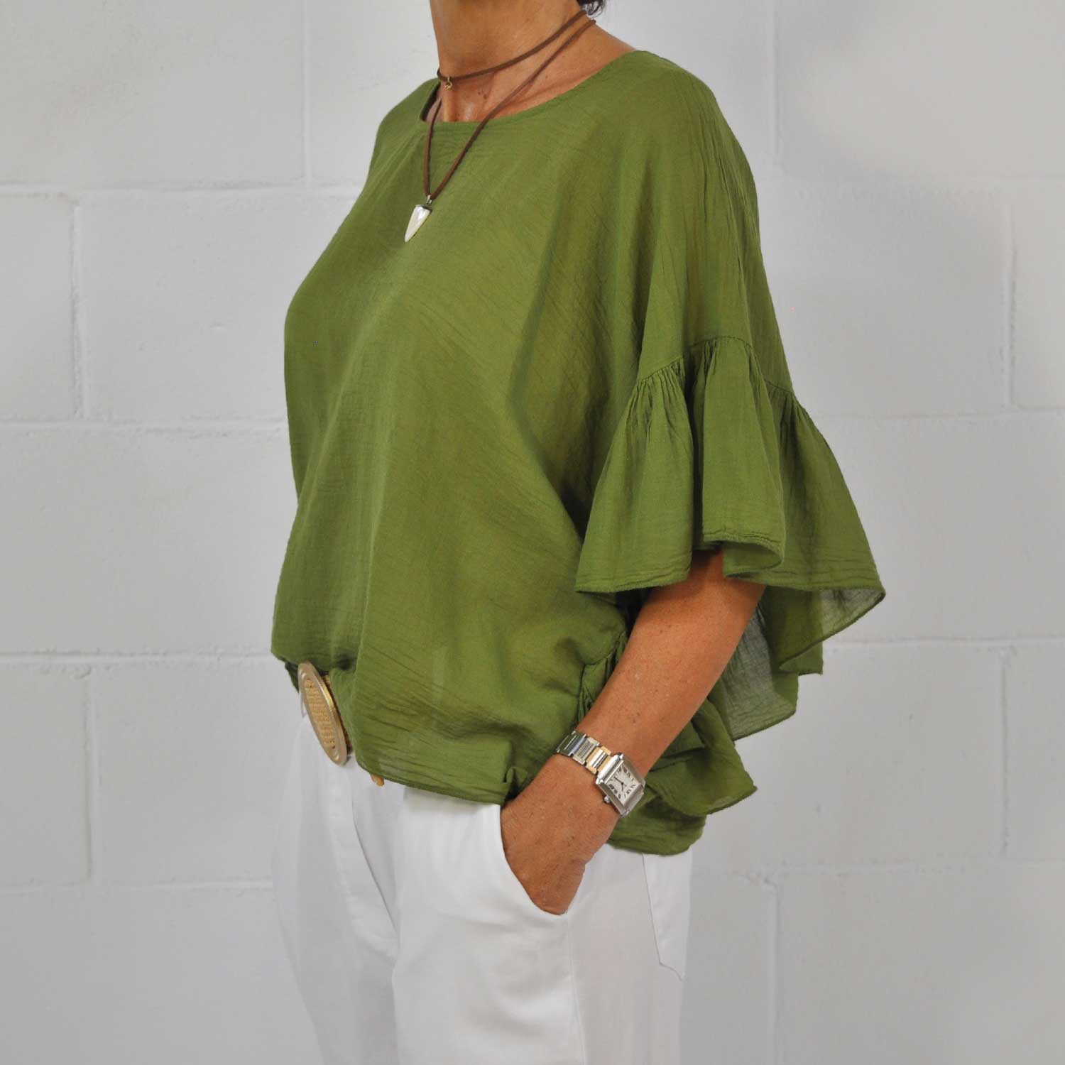 Green ruffle blouse