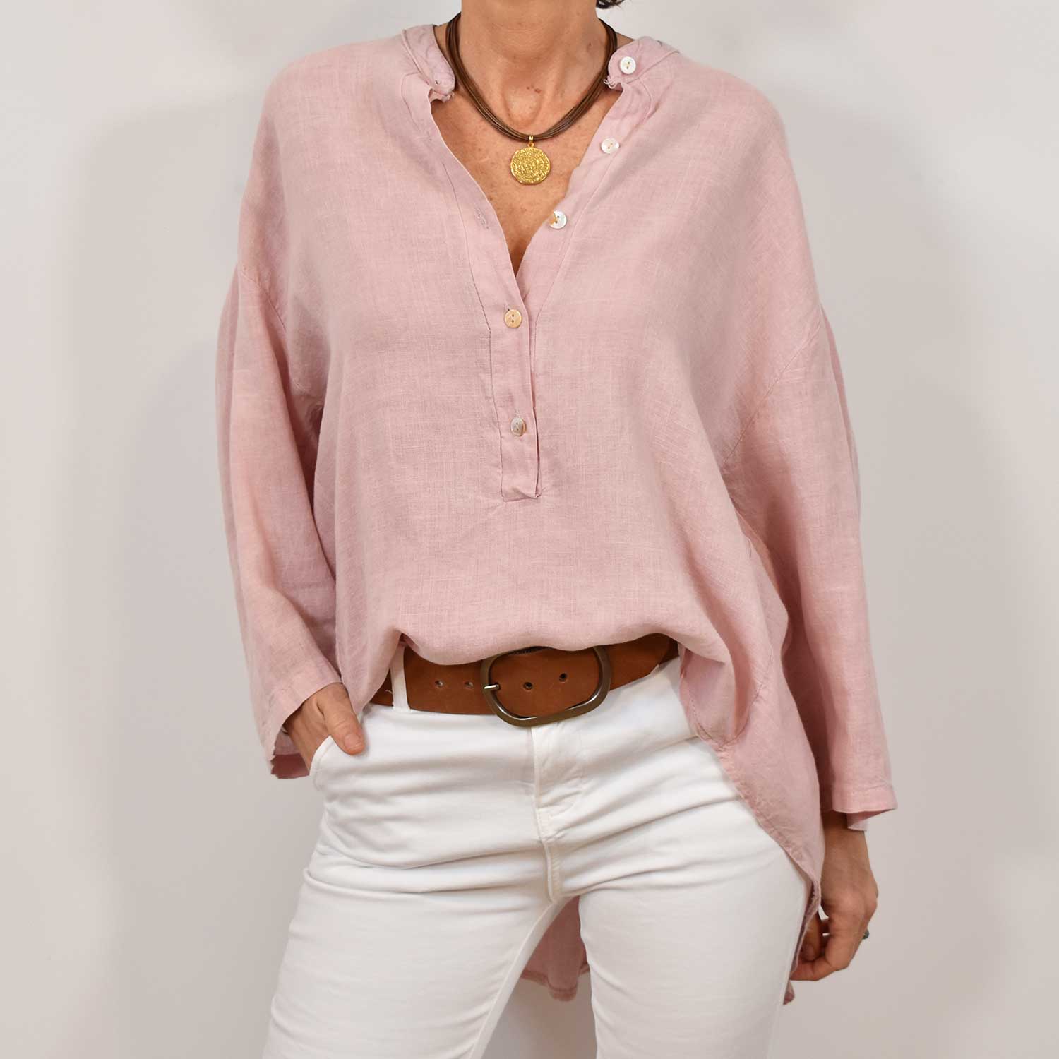 blouse mao en lin rose