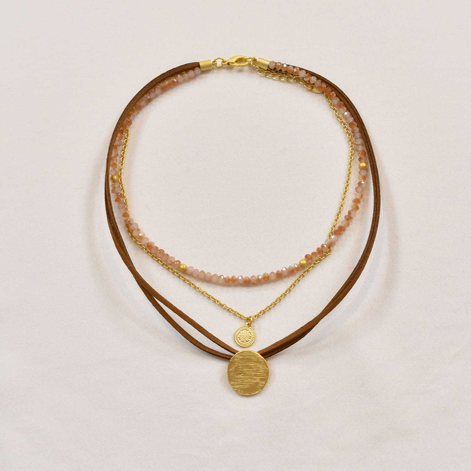 Brown golden triple medal necklace