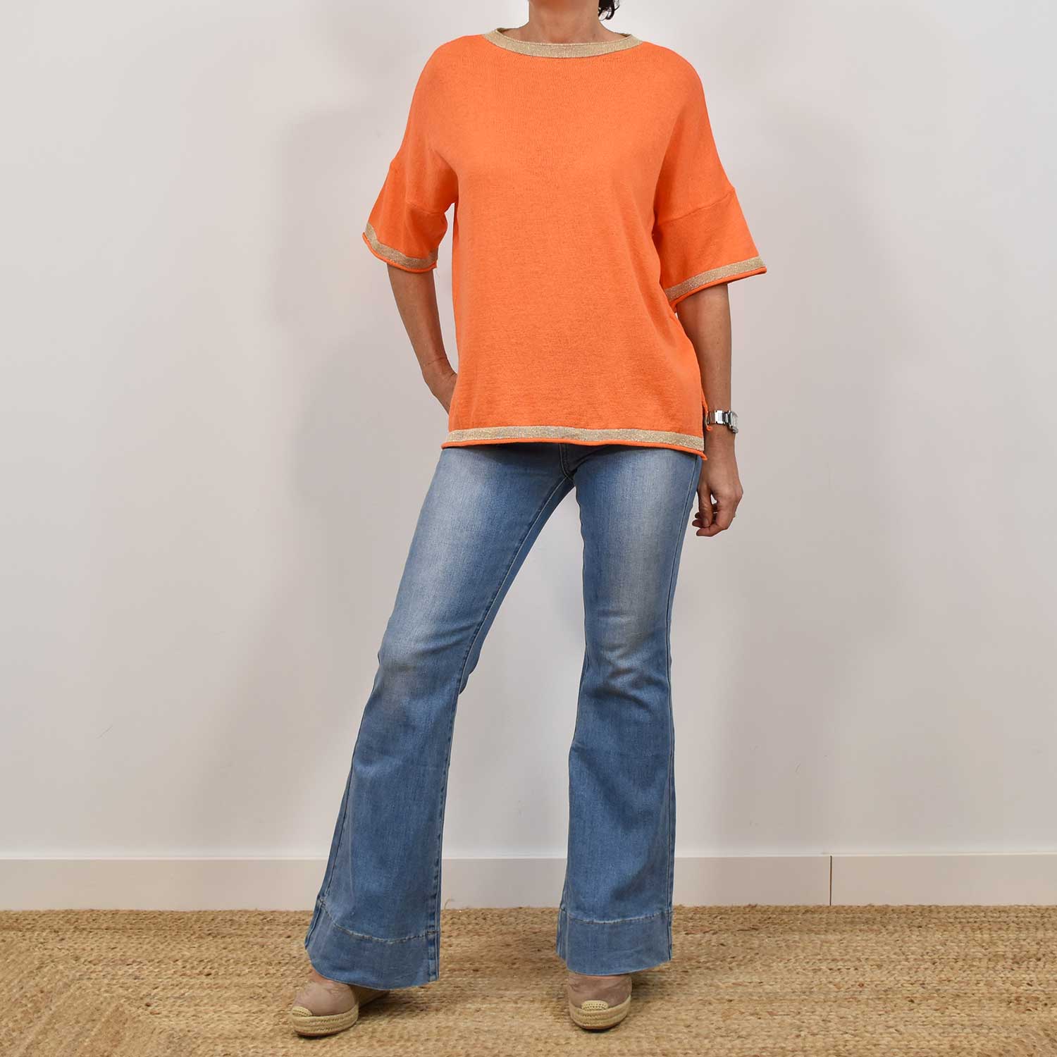 Orange shiny trim sweater