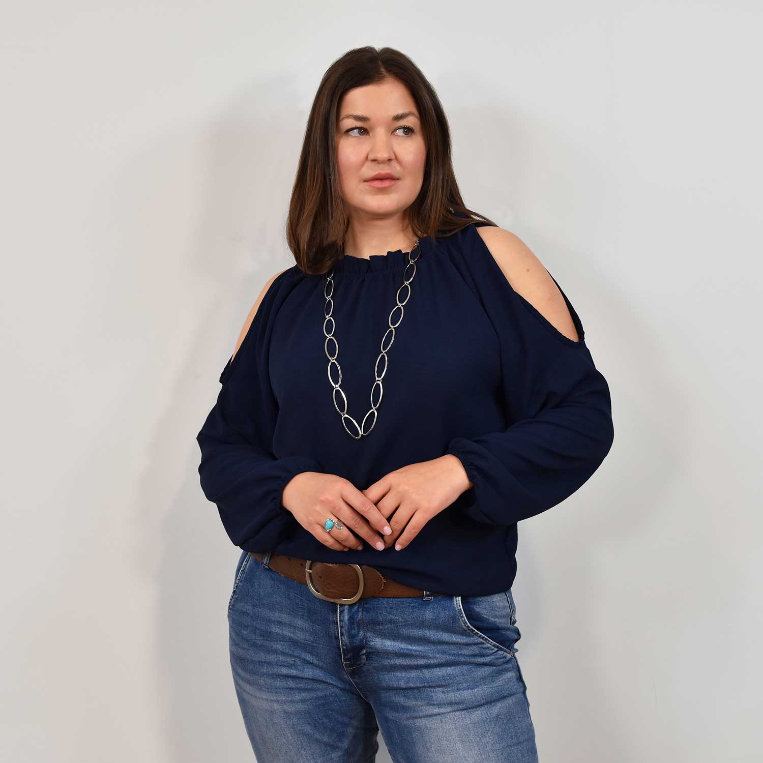 Blue blouse with cut-out shoulders