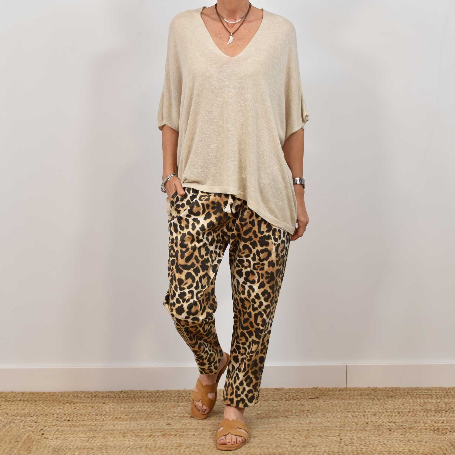 Pantalon jogger leopard beige